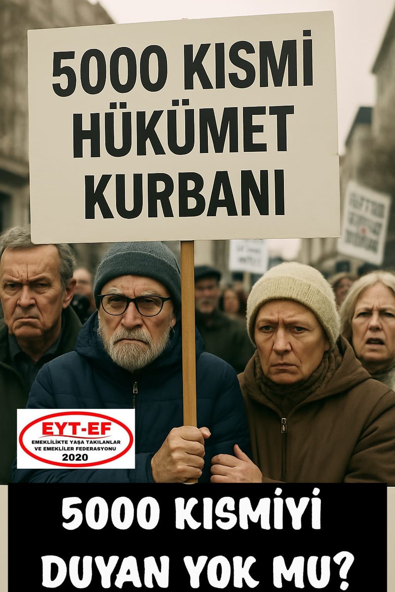 <a href="/ArzuLastikci/">EYT & EF Arzu LASTİKCİ</a> <a href="/RTErdogan/">Recep Tayyip Erdoğan</a> <a href="/isikhanvedat/">Prof. Dr. Vedat Işıkhan</a> <a href="/_cevdetyilmaz/">Cevdet Yılmaz</a> <a href="/eczozgurozel/">Özgür Özel</a> <a href="/MHP_Bilgi/">MHP</a> <a href="/iyiparti/">İYİ Parti</a> <a href="/erbakanfatih/">Dr. Fatih Erbakan</a> <a href="/herkesicinCHP/">CHP 🇹🇷</a> <a href="/mahmutarikansp/">Mahmut Arıkan</a> <a href="/GelecekPartiTR/">Gelecek Partisi</a> <a href="/EytEmeklilerFed/">EYT VE EMEKLİLER FEDERASYONU</a> <a href="/EYT_ED/">EYT VE EMEKLİLER DERNEĞİ</a> #5000KısmiHükümetKurbanı

📢Hükümet verdiği sözü tutmamış,
#EYT meselesini kökten çözmemiştir.

📢Borçlu ortada bırakılmış,
sistemin boşluğuna itilmiş,
bilinçli şekilde mağdur edilmişlerin
adıdır 5000 Prim ve Kısmi Emeklilik.

#HükümetEmekliyiBitirdi
<a href="/RTErdogan/">Recep Tayyip Erdoğan</a>
<a href="/isikhanvedat/">Prof. Dr. Vedat Işıkhan</a>