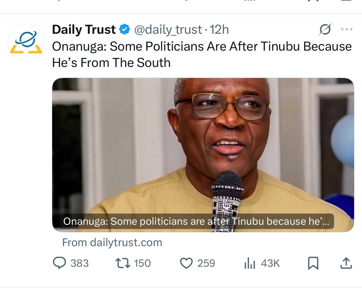 UptownOfLagos (@uptownoflagos) on Twitter photo Can’t they ever sell Tinubu based on capacity, integrity and competence?
Must it be either Yoruba Vs Igbo, North vs South etc?
Same agenda in 2023, they’re coming up with ‘South Vs North’ in 2027 again 🤦♂️
Can he compete on a level field? <a href="/aonanuga1956/">Bayo Onanuga</a> Can’t they ever sell Tinubu based on capacity, integrity and competence?
Must it be either Yoruba Vs Igbo, North vs South etc?
Same agenda in 2023, they’re coming up with ‘South Vs North’ in 2027 again 🤦♂️
Can he compete on a level field? <a href="/aonanuga1956/">Bayo Onanuga</a>