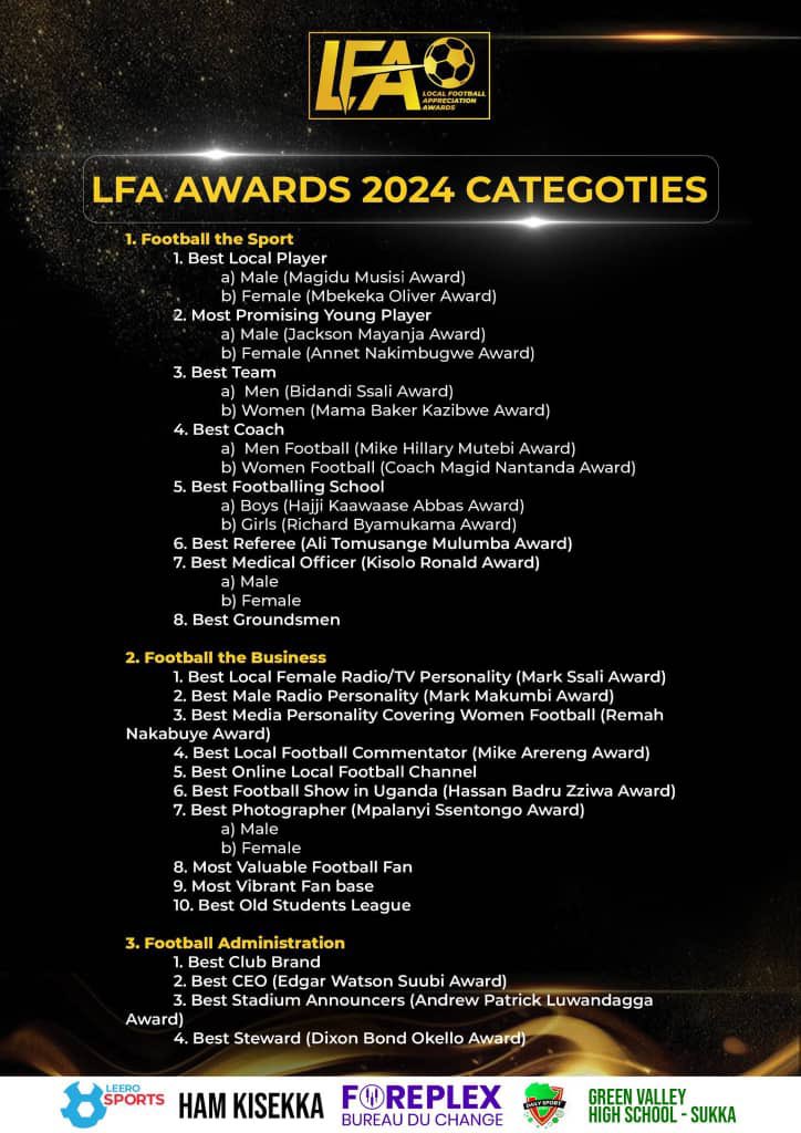 Tomorrow the #LFAAWARDS2024 are awarding the Unsung heroes in Uganda Local sport ⚽

It's a token of thanks towards those that excelled 👏🏽