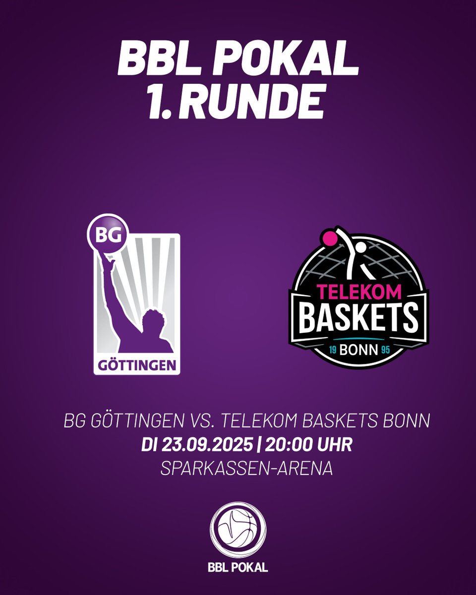 📅 Die Liga hat unser BBL Pokal-Spiel gegen die <a href="/TelekomBaskets/">Telekom Baskets Bonn</a> terminiert: Wir empfangen die Rheinländer am Dienstag, 23. September, um 20 Uhr in der Sparkassen-Arena. 

🎟 Informationen zum Einzelkartenvorverkauf folgen.

#wirsindgöttingen 
#basketball 
#bblpokal