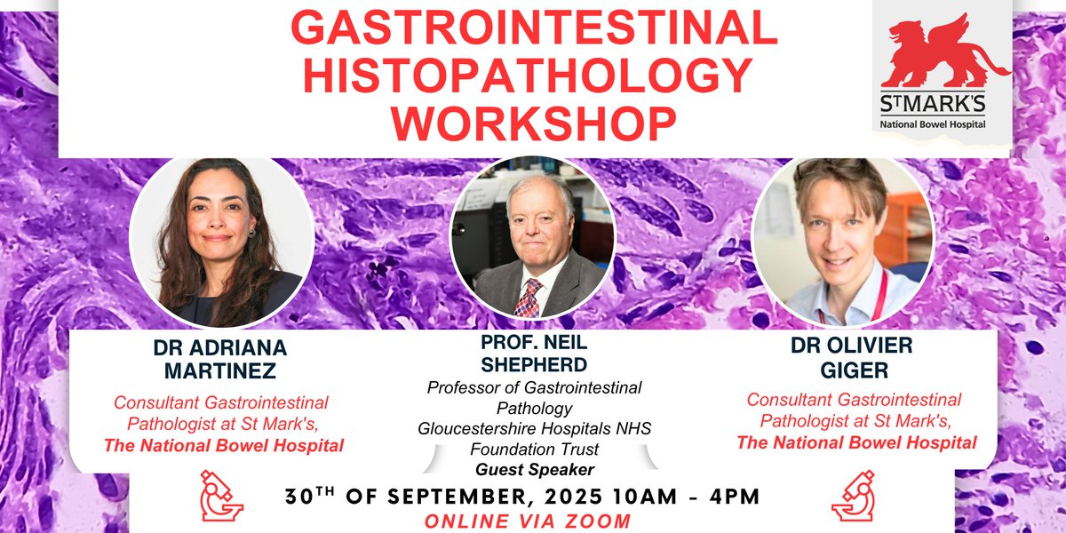 St Mark’s Hospital @stmarkshospital and Academic Institute will host an online Gastrointestinal Histopathology Workshop on 30 September, led by Dr Adriana Martinez (Clinical Lead for Histopathology) and Dr Olivier Giger (Academic Lead).
Join: ow.ly/b3hm50WuuGZ