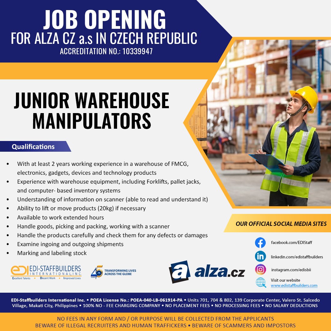 EDIStaffbuilder's tweet photo. JOB OPENING FOR ALZA CZ a.s IN CZECH REPUBLIC

• JUNIOR WAREHOUSE MANIPULATORS •

📩 APPLY HERE 👉 https://t.co/bxaGlYxVEZ

#EDIStaffbuildersWorkOverseas
#HiringNow
#JobOpenings2025
#EDISBII https://t.co/mY7cup0ezL