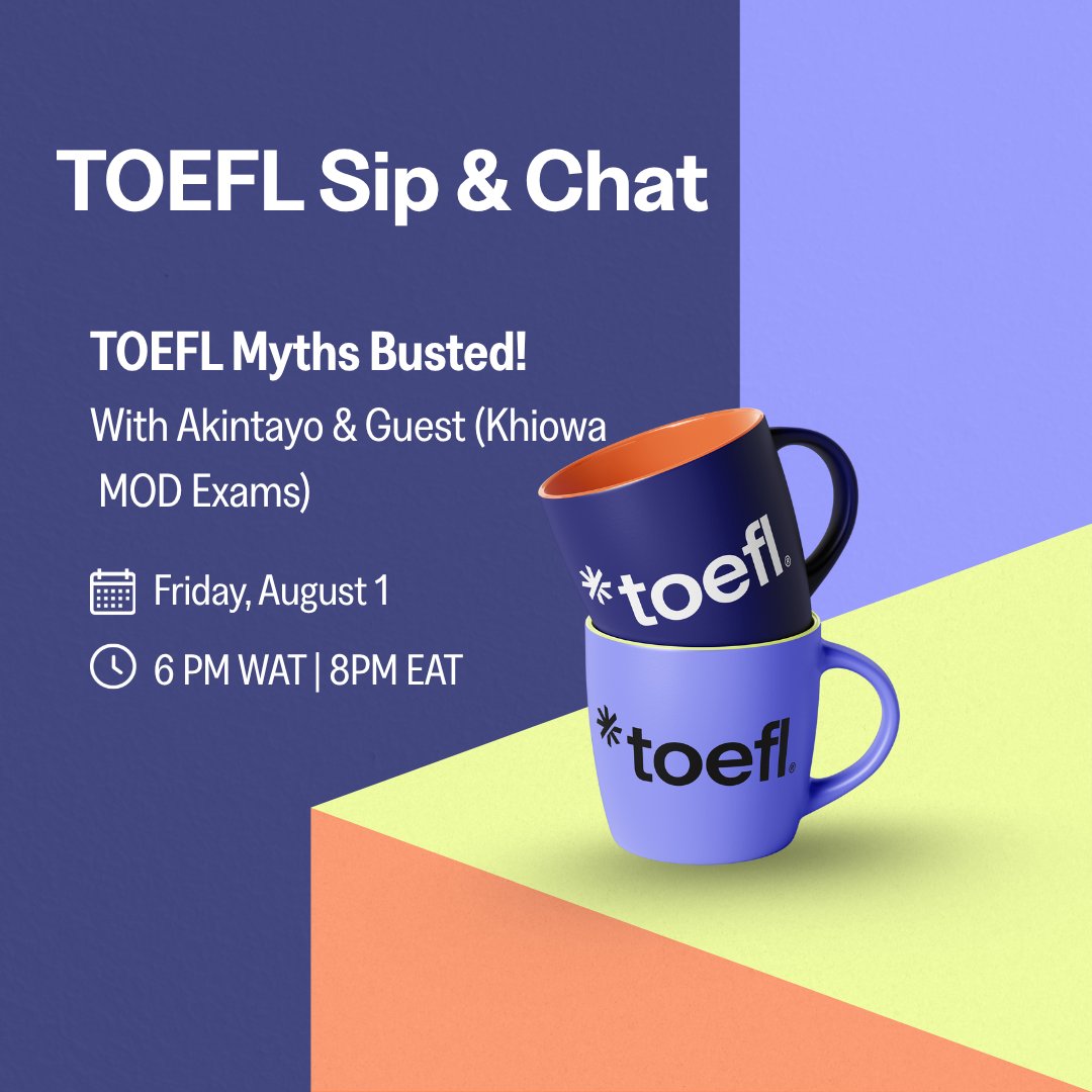 Think TOEFL is too hard, too long, or only for U.S. schools? 😅

Join us Friday 1 Aug, 6pm WAT | 8pm EAT on IG Live @toefl_official_africa for our TOEFL Sip &amp; Chat: TOEFL Myths Busted ☕🔥 where we’ll be debunking myths + answering your questions. 

#TOEFL #StudyAbroad