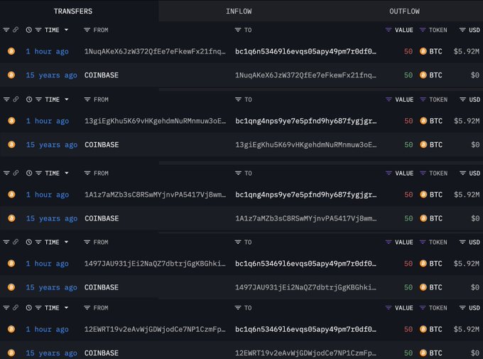 15年間眠っていたマイナーズウォレットから250BTCが移動したビットコインウォレット転送スクリーンショット