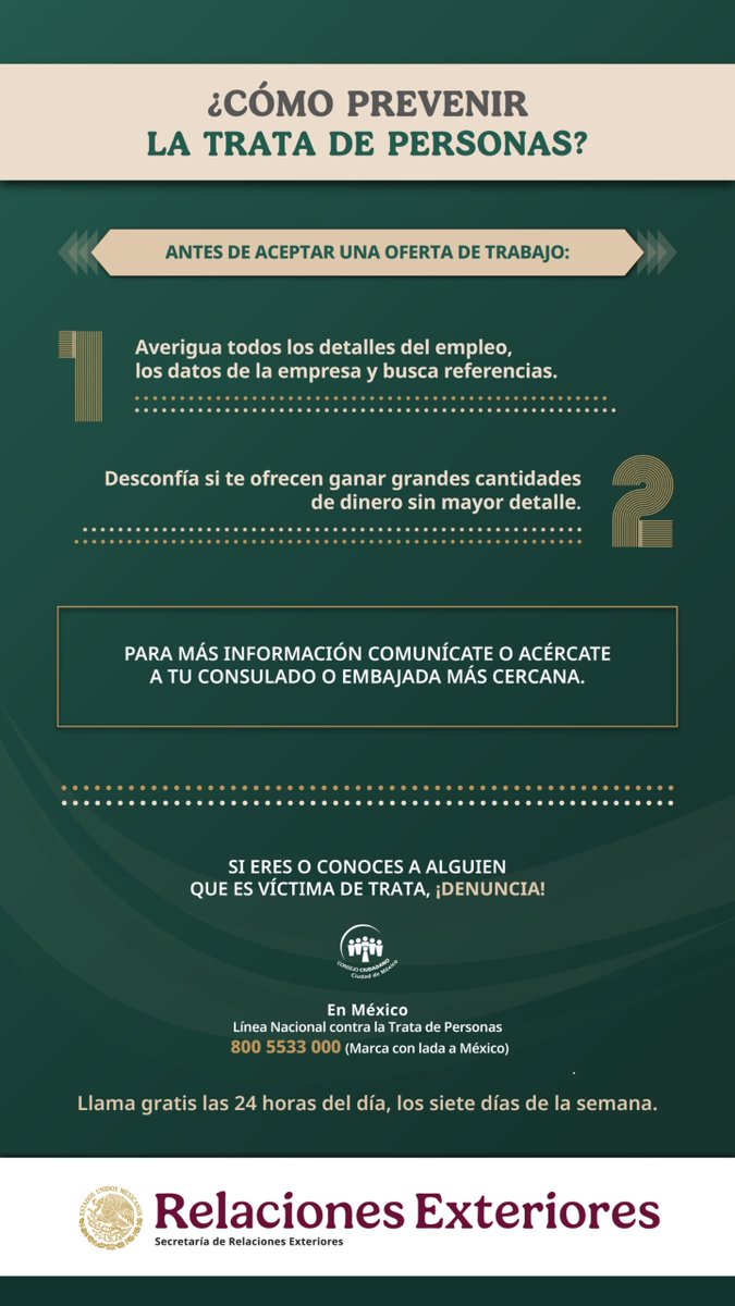 Presta atención a los signos de trata de personas
#NoalaTratadePersonas #ProtecciónConsular #AcércateaTuEmbajada #ZonaSegura
Si tienes una emergencia en Tailandia o Camboya puedes comunicarte al teléfono para esos fines: 083 299 3390 marcación local/ +66 83 299 3390