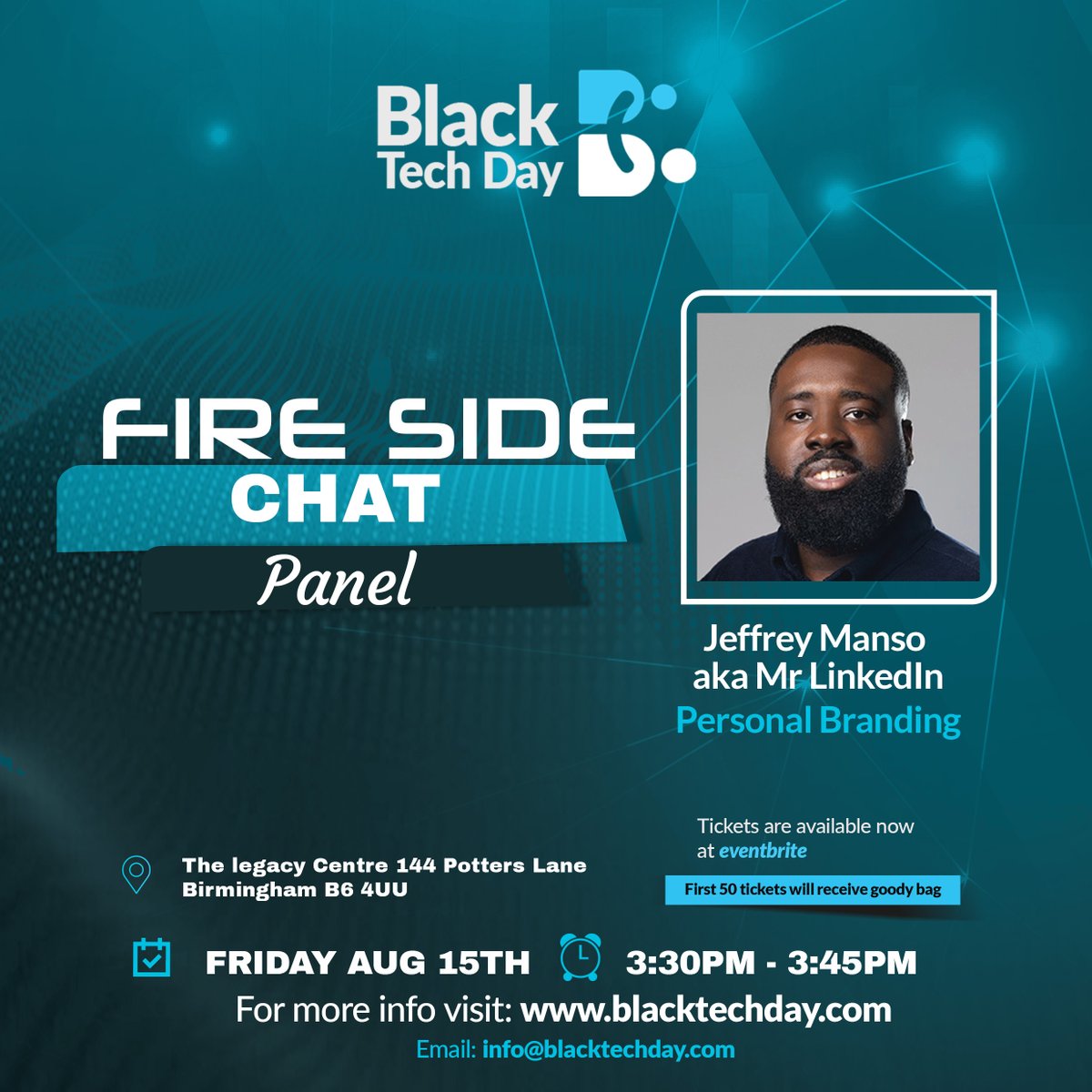 Want to stand out in the tech world? 

We all know personal branding is key, and at Black Tech Day, we're bringing you the expert! 

Join us for an exclusive Fireside Chat with <a href="/JeffreyManso/">Jeffrey Manso</a>, famously known as 'Mr. LinkedIn.' He's not just talking theory; he's sharing the secrets