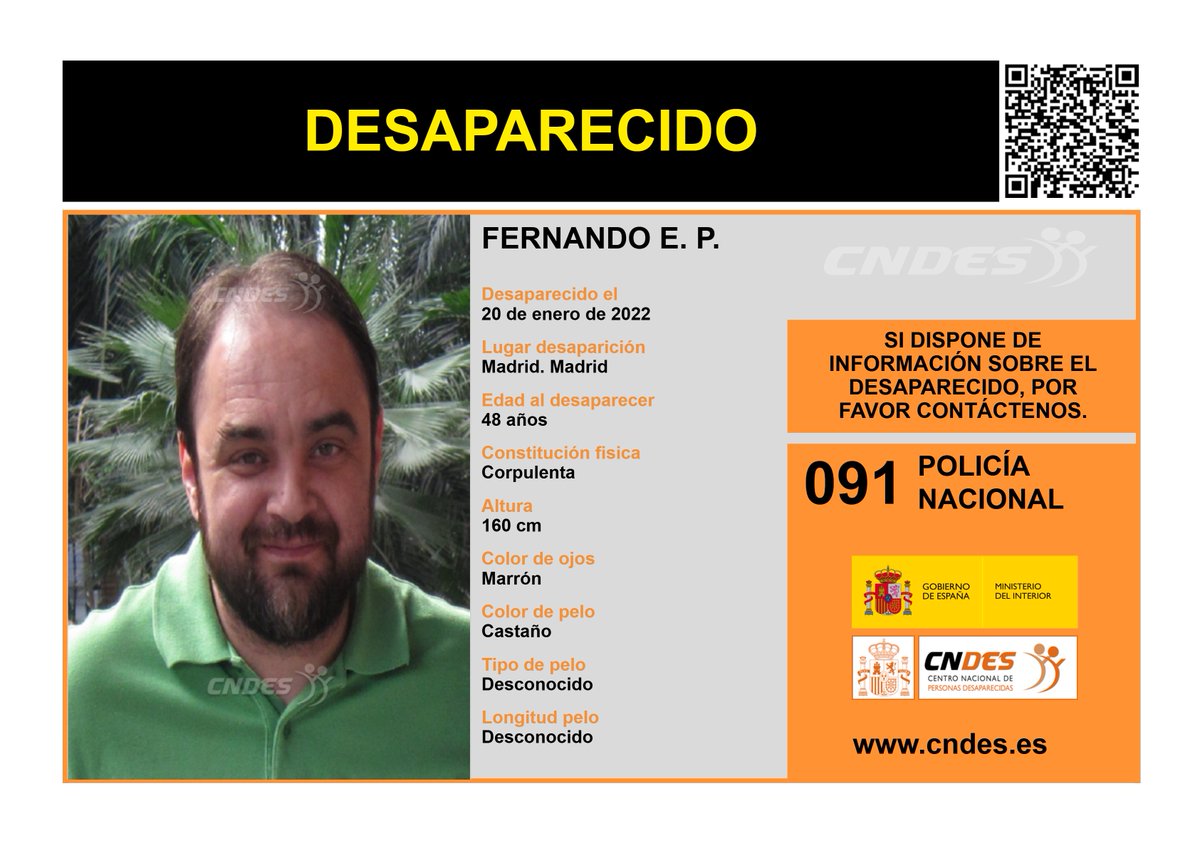 SIN RASTRO DE FERNANDO E. P.

Fernando está #desaparecido desde el día 20 de enero de 2022 en #Madrid

#TodoYTodosPorEncontrarlo