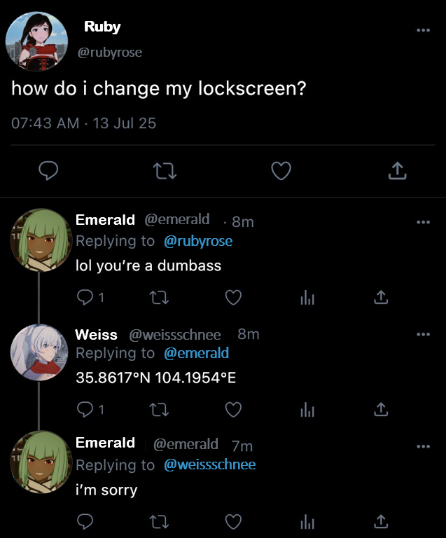 Dian011424's tweet photo. #RWBY #whiterose
I put Emerald because I remembered when she made Weiss angry for bothering Ruby https://t.co/fT2VbNkBgF