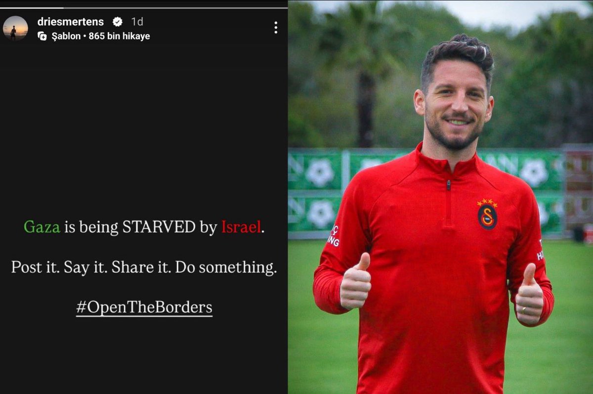 💢 Dries Mertens'ten
#Gazze 'ye destek paylaşımı ;

"Gazze, İsrail tarafından
AÇ BIRAKILIYOR. Sınırları Açın ⚠️