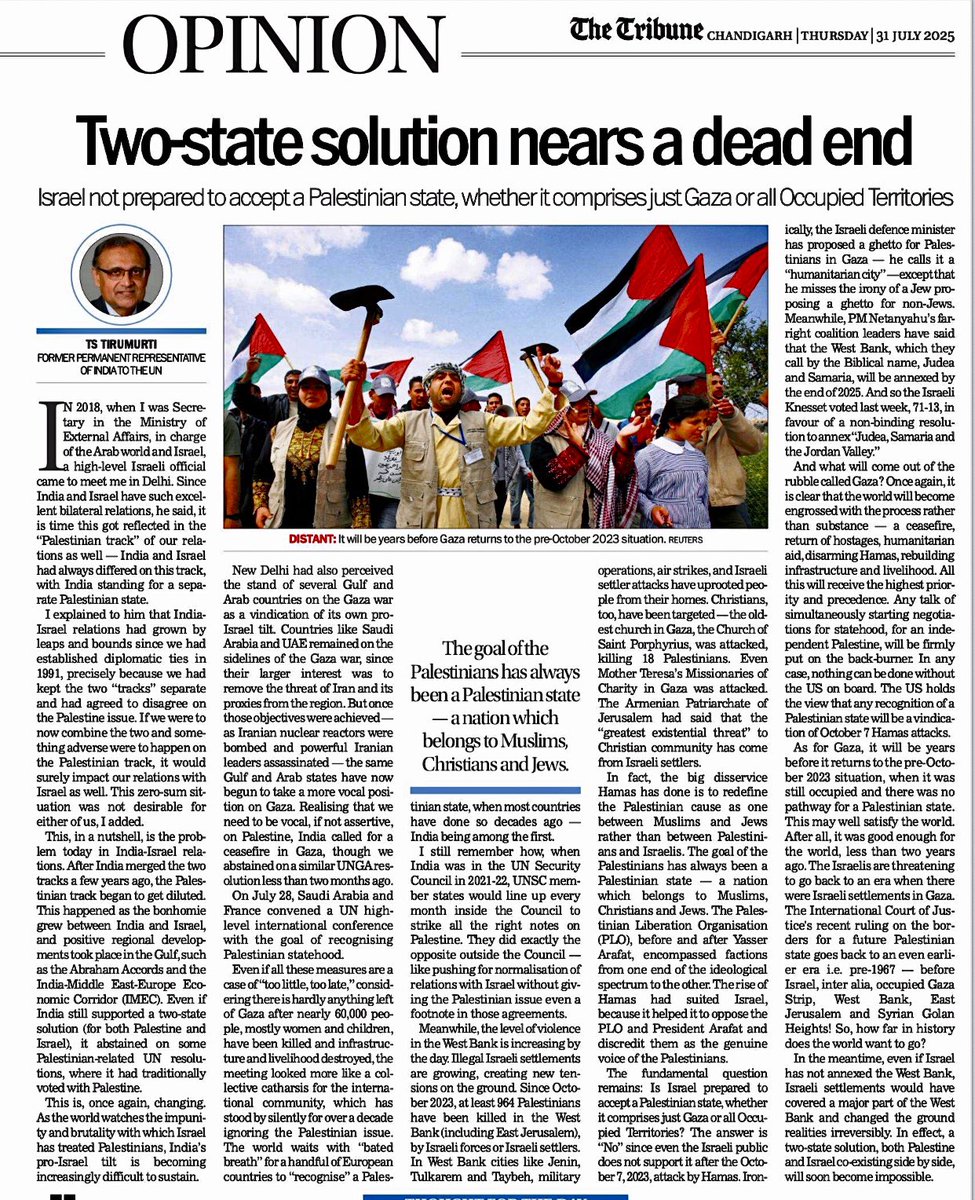 My article in The Tribune <a href="/thetribunechd/">The Tribune</a> on “Two-state solution nears a dead end”

What will come out of the rubble called Gaza? The world will become engrossed with process rather than substance. Starting negotiations for an independent Palestine will be put on the back-burner
