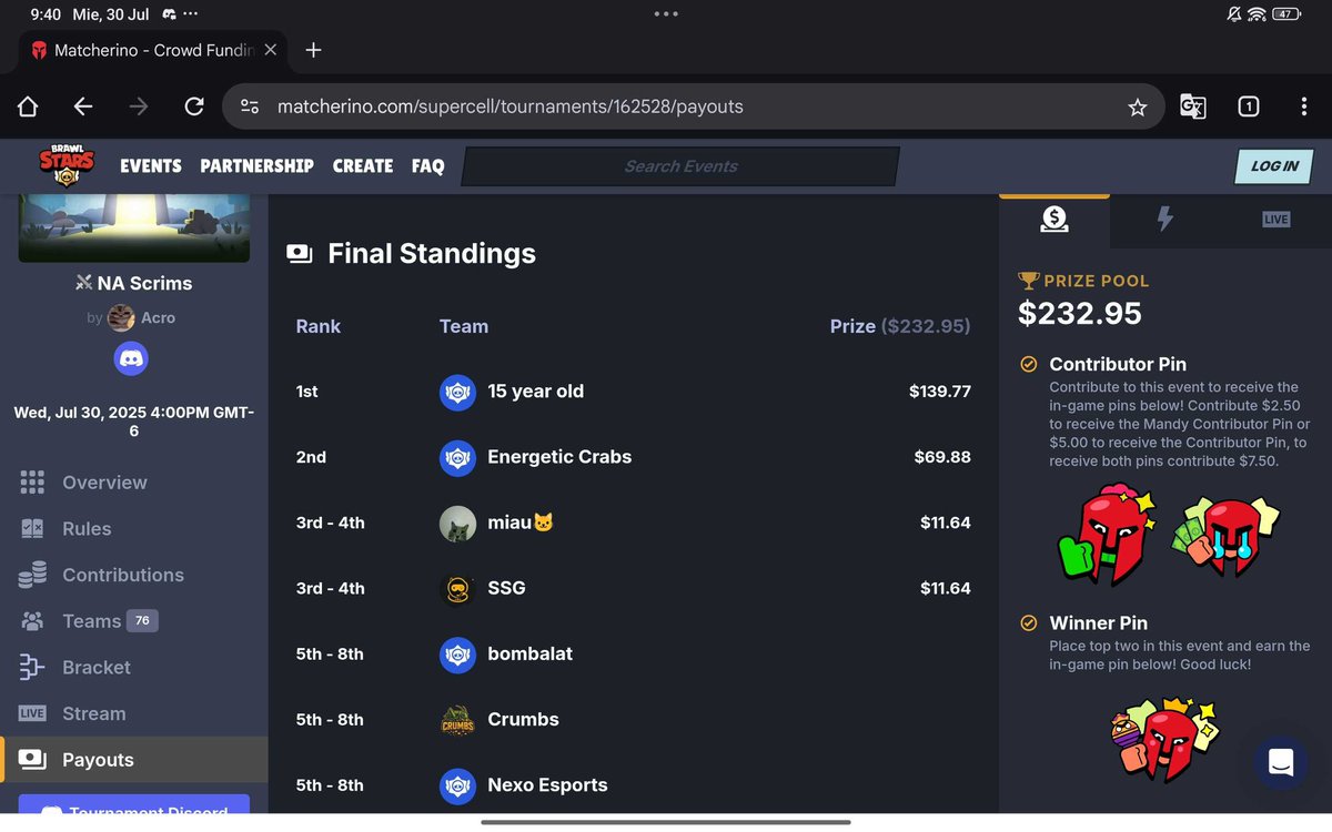 Won matcherino 230$