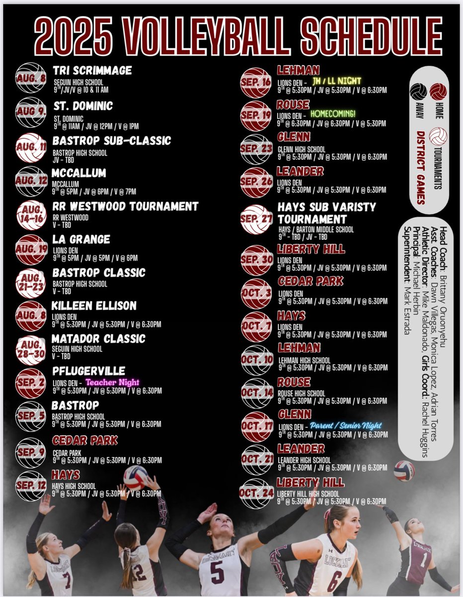 Lockhart Volleyball (@locvb44) on Twitter photo π π₯Itβs Volleyball Season! π₯π
Come out and support your Lady Lion Volleyball Team as we hit the court this season! πͺπ¦ Weβre ready to represent with pride β but we need YOU in the stands to bring the energy! ππ
Check out our 2025 Official Season Schedule below: #RiseHigher π π₯Itβs Volleyball Season! π₯π
Come out and support your Lady Lion Volleyball Team as we hit the court this season! πͺπ¦ Weβre ready to represent with pride β but we need YOU in the stands to bring the energy! ππ
Check out our 2025 Official Season Schedule below: #RiseHigher