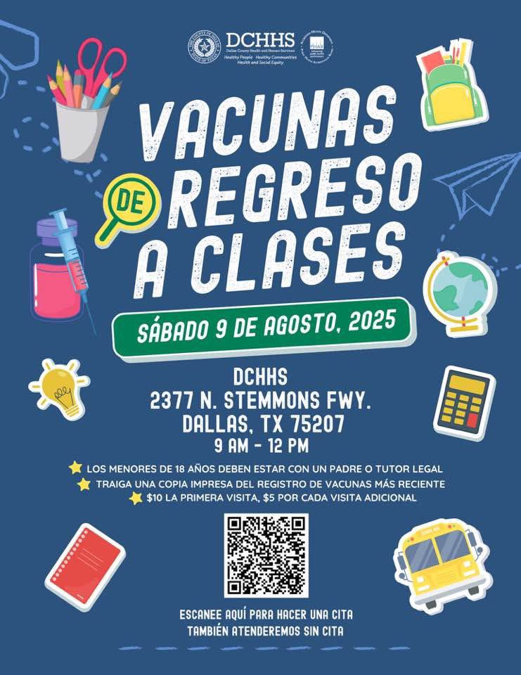 Dr. Elba Garcia (@drelbagarcia) on Twitter photo ¡Vacunas de Regreso a Clases! 💉🎒
🗓️ Marca tu calendario y acompáñanos el sábado 9 de agosto de 2025, de 9 AM – 12 PM en 2377 N. Stemmons Fwy, Dallas, TX 75207.
🚌 ¡Preparémonos para comenzar un año escolar saludable!
#Dallas #GrandPrairieTX #IrvingTX #MesquiteTX <a href="/DCHHS/">Dallas County HHS</a> ¡Vacunas de Regreso a Clases! 💉🎒
🗓️ Marca tu calendario y acompáñanos el sábado 9 de agosto de 2025, de 9 AM – 12 PM en 2377 N. Stemmons Fwy, Dallas, TX 75207.
🚌 ¡Preparémonos para comenzar un año escolar saludable!
#Dallas #GrandPrairieTX #IrvingTX #MesquiteTX <a href="/DCHHS/">Dallas County HHS</a>