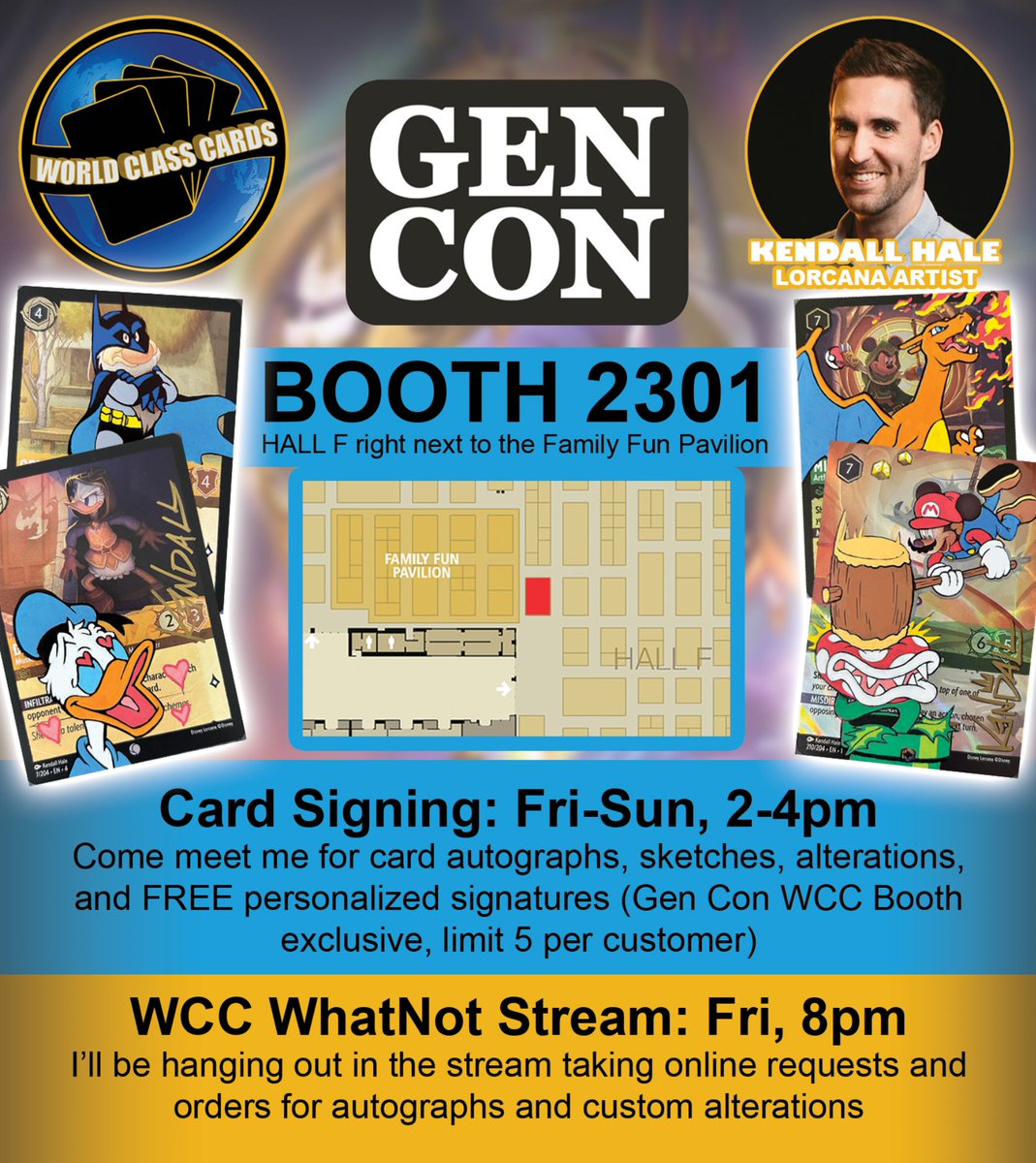 I'll be at GEN CON this weekend, Fri-Sun hanging out at the  WCC booth and signing cards each day from 2-4pm! IF you catch me at the booth while I'm there, you will get up to 5 FREE personalized signatures on anything (made out to your name), courtesy of World Class Cards.
