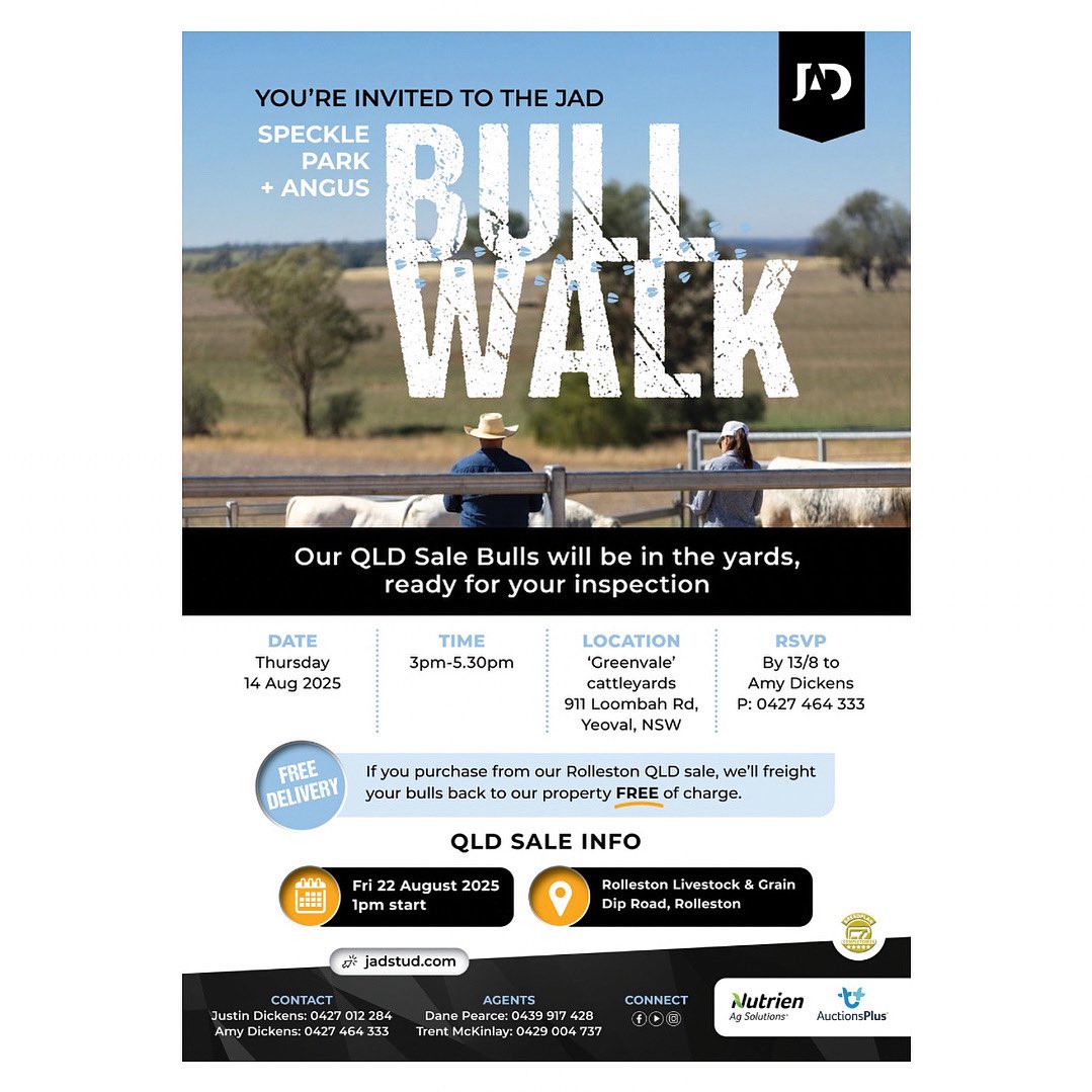 Hope to see you at our Yeoval for our Bull Walk on August 14, ahead of our 2nd JAD Speckle Park &amp; Angus QLD Bull Sale on August 22. View/download the sale catalogue, and view videos of every lot here: jadspecklepark.com.au/sale/ #JADspecklepark #specklepark #agchatoz #agchat