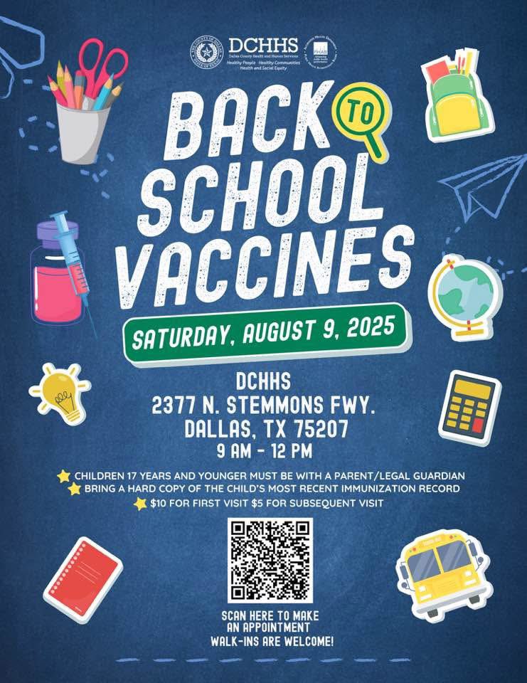 Dr. Elba Garcia (@drelbagarcia) on Twitter photo Back-to-School Vaccines! 💉🎒
🗓️ Mark your calendars and join us on Saturday, August 9, 2025, from 9 AM – 12 PM at DCHHS, 2377 N. Stemmons Fwy, Dallas, TX 75207.
🚌 Let’s get our kids ready for a healthy school year!
#Dallas #GrandPrairieTX #IrvingTX #MesquiteTX <a href="/DCHHS/">Dallas County HHS</a> Back-to-School Vaccines! 💉🎒
🗓️ Mark your calendars and join us on Saturday, August 9, 2025, from 9 AM – 12 PM at DCHHS, 2377 N. Stemmons Fwy, Dallas, TX 75207.
🚌 Let’s get our kids ready for a healthy school year!
#Dallas #GrandPrairieTX #IrvingTX #MesquiteTX <a href="/DCHHS/">Dallas County HHS</a>