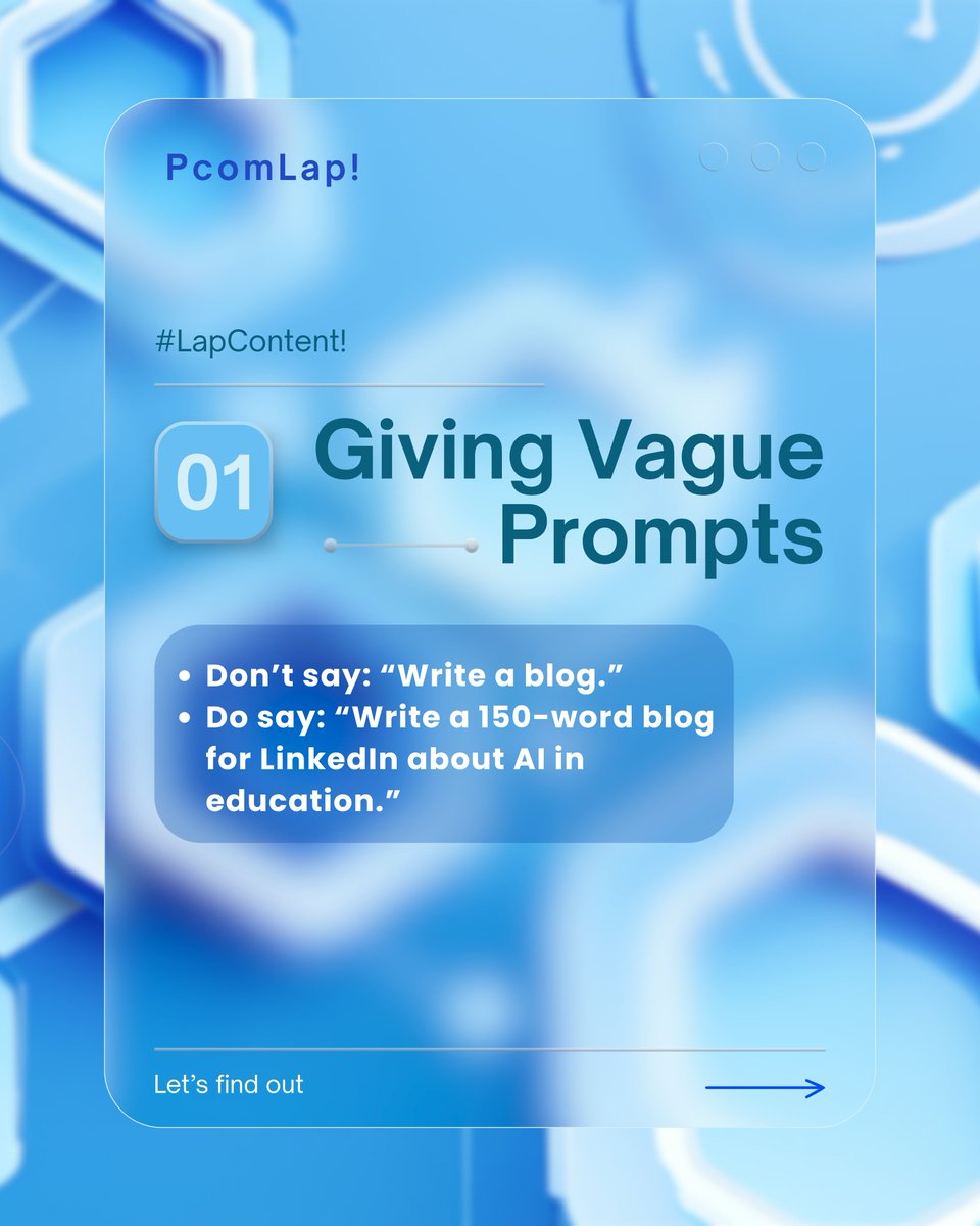 PComLap's tweet image. 3 AI mistakes you’re probably making 😬
→ Vague prompts
→ Expecting AI to Be 100% Accurate
→ Skipping tweaks
Stay smart.
🔁 Save + follow @PcomLap for weekly AI tips.
#AItools #ChatGPT #PromptTips #LapContent