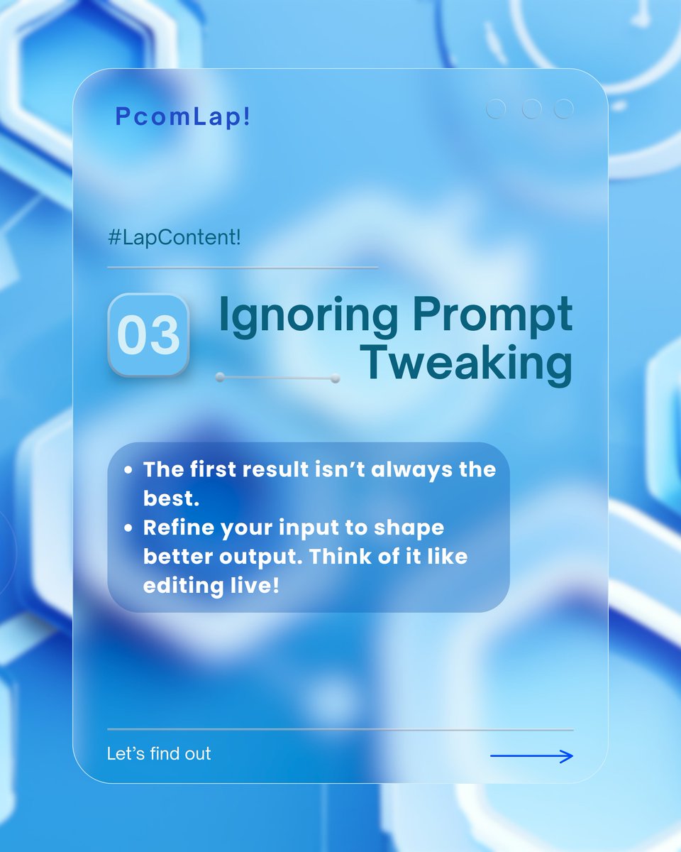 PComLap's tweet image. 3 AI mistakes you’re probably making 😬
→ Vague prompts
→ Expecting AI to Be 100% Accurate
→ Skipping tweaks
Stay smart.
🔁 Save + follow @PcomLap for weekly AI tips.
#AItools #ChatGPT #PromptTips #LapContent