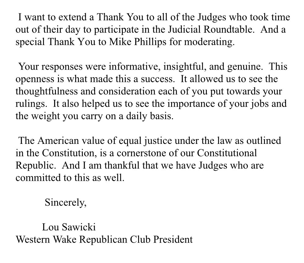 Gratitude for our judges for their participation in our forum at our July meeting from WWRC President Lou Sawicki: