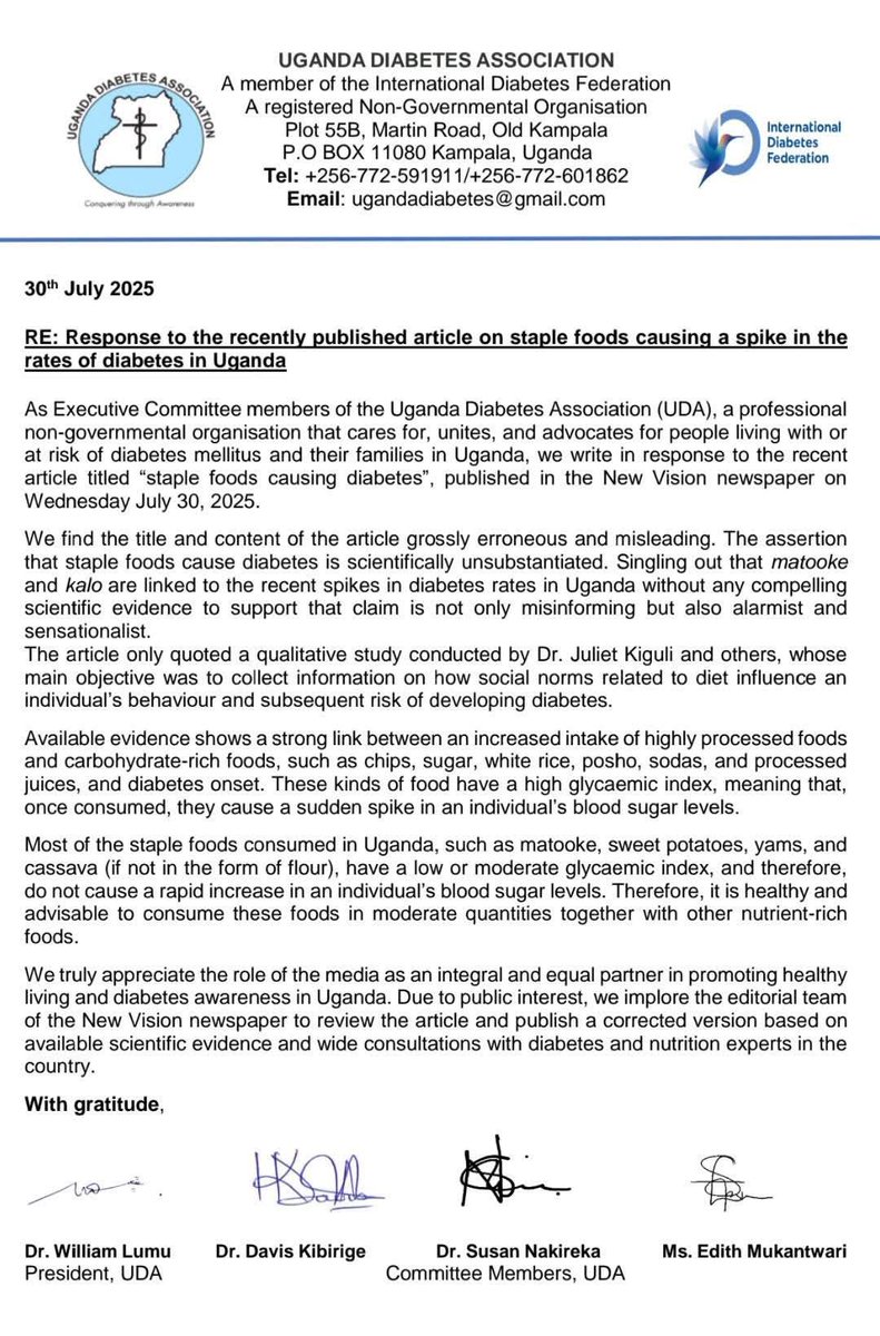 The Uganda Diabetes Association finds the article grossly erroneous and misleading. Enjoy your kalo and matooke