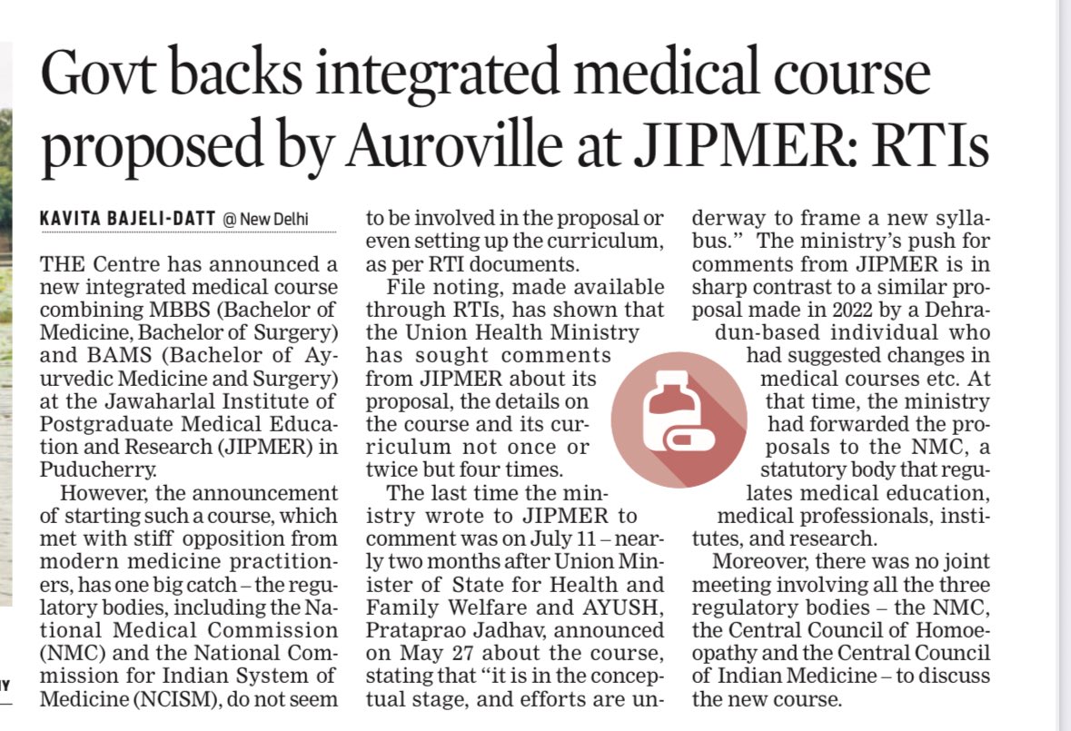 Kavita Bajeli-Datt (@kavitadatt) on Twitter photo Govt backs integrated medical course proposed by Auroville at JIPMER without consulting regulatory bodies: RTIs
<a href="/NewIndianXpress/">The New Indian Express</a> <a href="/TheMornStandard/">TheMorningStandard</a> <a href="/MoHFW_INDIA/">Ministry of Health</a> <a href="/NMC_BHARAT/">National Medical Commission</a> <a href="/moayush/">Ministry of Ayush</a> <a href="/mpprataprao/">Prataprao Jadhav</a> <a href="/OfficeofJPNadda/">Office of JP Nadda</a> <a href="/JPNadda/">Jagat Prakash Nadda</a> <a href="/drbabukv/">Dr Babu K V</a> <a href="/IMAIndiaOrg/">Indian Medical Association</a> <a href="/DrRohanKrishna3/">Dr. Rohan Krishnan</a> <a href="/DrDhruvchauhan/">Dr.Dhruv Chauhan</a> Govt backs integrated medical course proposed by Auroville at JIPMER without consulting regulatory bodies: RTIs
<a href="/NewIndianXpress/">The New Indian Express</a> <a href="/TheMornStandard/">TheMorningStandard</a> <a href="/MoHFW_INDIA/">Ministry of Health</a> <a href="/NMC_BHARAT/">National Medical Commission</a> <a href="/moayush/">Ministry of Ayush</a> <a href="/mpprataprao/">Prataprao Jadhav</a> <a href="/OfficeofJPNadda/">Office of JP Nadda</a> <a href="/JPNadda/">Jagat Prakash Nadda</a> <a href="/drbabukv/">Dr Babu K V</a> <a href="/IMAIndiaOrg/">Indian Medical Association</a> <a href="/DrRohanKrishna3/">Dr. Rohan Krishnan</a> <a href="/DrDhruvchauhan/">Dr.Dhruv Chauhan</a>