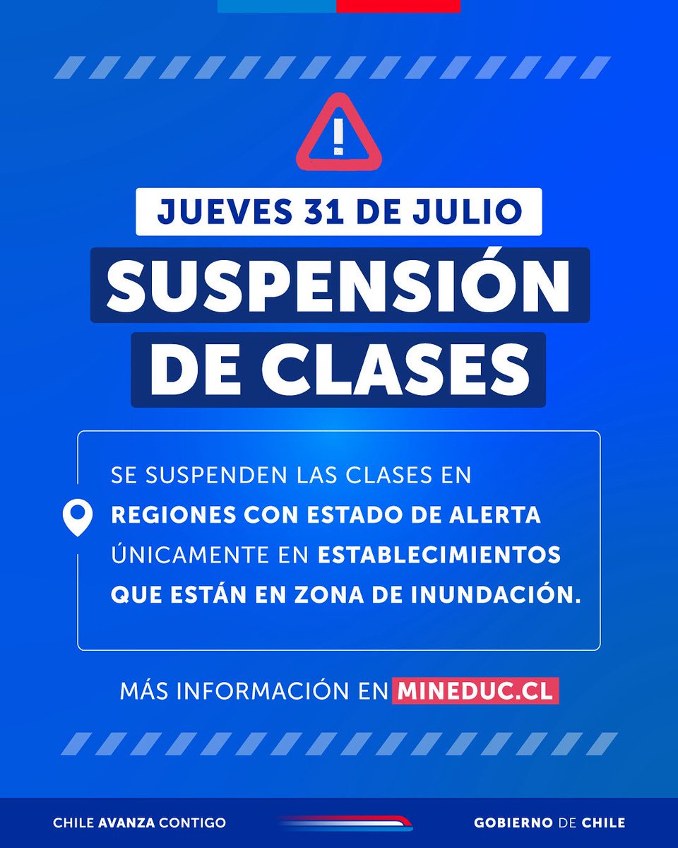 Delegación Presidencial Provincial de Itata (@dppitata) on Twitter photo 🔴 Informamos la suspensión de clases para este jueves 31 de julio en los establecimientos educativos ubicados en zonas inundables de las regiones que mantienen alerta preventiva por tsunami.
El llamado es a la calma, a informarse a través de canales oficiales @senapred <a href="/Mineduc/">Ministerio de Educación</a> 🔴 Informamos la suspensión de clases para este jueves 31 de julio en los establecimientos educativos ubicados en zonas inundables de las regiones que mantienen alerta preventiva por tsunami.
El llamado es a la calma, a informarse a través de canales oficiales @senapred <a href="/Mineduc/">Ministerio de Educación</a>