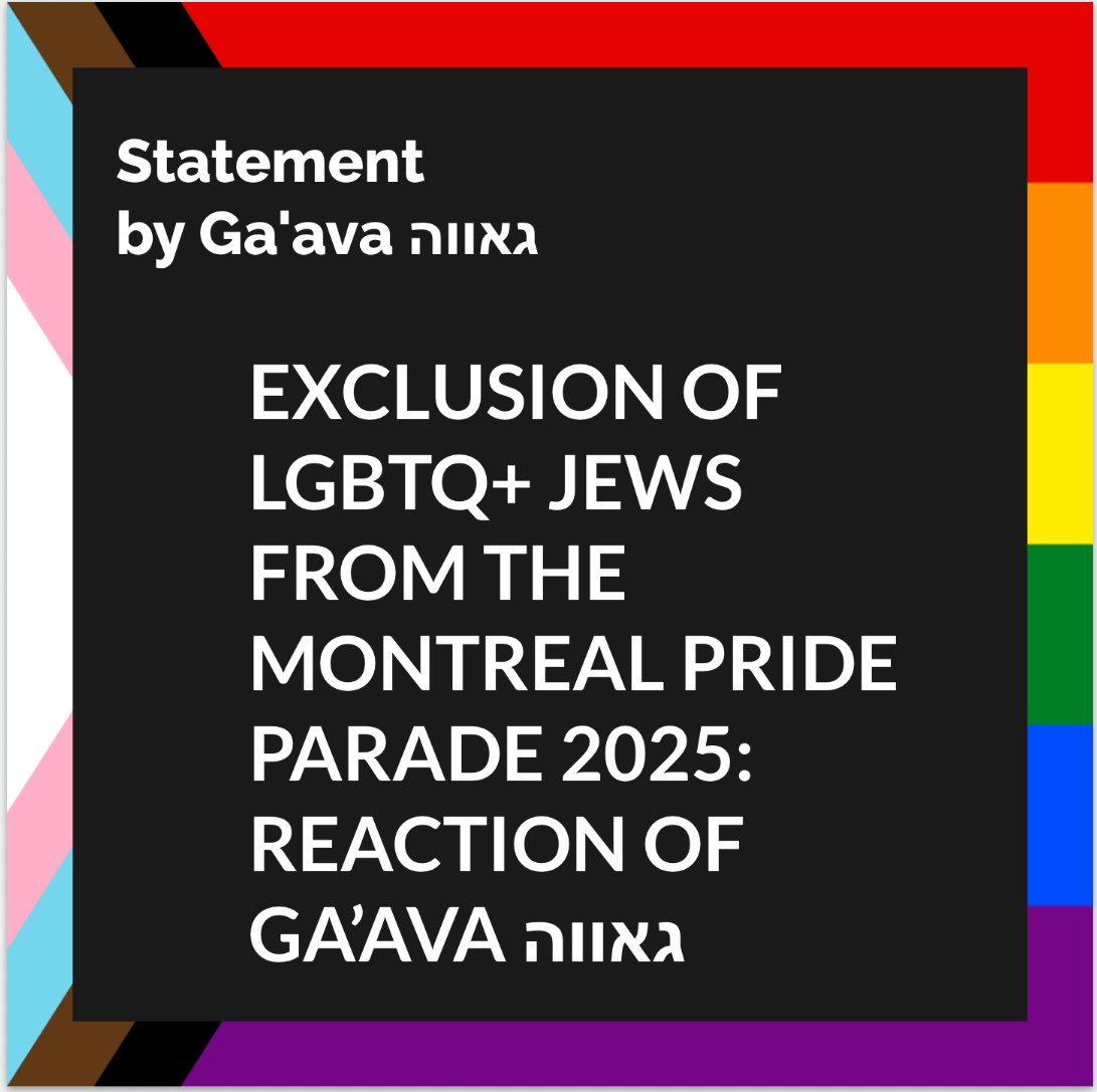 Wrongfully, the <a href="/FierteMTLPride/">Fierté MTL Pride</a> organization informed Ga'ava גאווה today that they made the decision not to welcome LGBTQ+ Jews in the 2025 Pride parade.

Our full statement: facebook.com/share/p/1AiNN9… 

#polmtl #polqc #polcan #fiertemontreal #gaavaquebec #lgbtqjewish