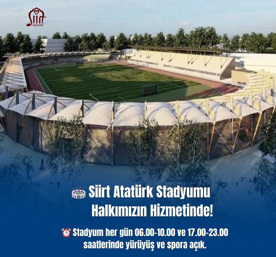 🏟️ #Siirt Atatürk Stadyumu Halkımızın Hizmetinde!

📌Yürümek isteyen her adım kıymetlidir…

📌Sağlıkla ve huzurla yürüyebilmeniz için Atatürk Stadyumu artık akşamları da açık!

🗓️01.08.2025 Cuma gününden itibaren her gün sabah ⏰ 06.00 - 10.00 ve 17.00 – 23.00 saatleri