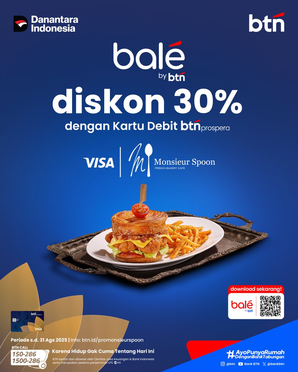 bankbtn's tweet image. Menikmati waktu dengan orang tersayang di Monsieur Spoon kini lebih menyenangkan dan hemat bersama BTN Prospera 

Berbagai menu lezat bisa kamu temukan di Monsieur Spoon! Nikmati diskon 30% untuk transaksi dengan menggunakan Kartu Debit BTN Prospera #UnlockingYourPotential