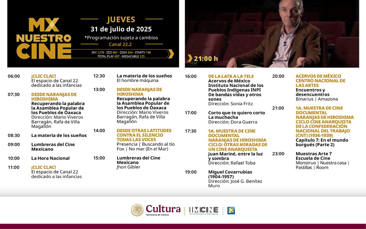 Comienza tu día con lo mejor del cine mexicano e iberoamericano en #MxNuestroCine

👀 Consulta nuestra programación y 📺 sintoniza la señal 22.2

Sky 1278 | Izzi 481 | Dish 304 | StarTV 148 | Totalplay 497 | Megacable 125 | Streaming: canal22.org.mx/mx_nuestro_cin…