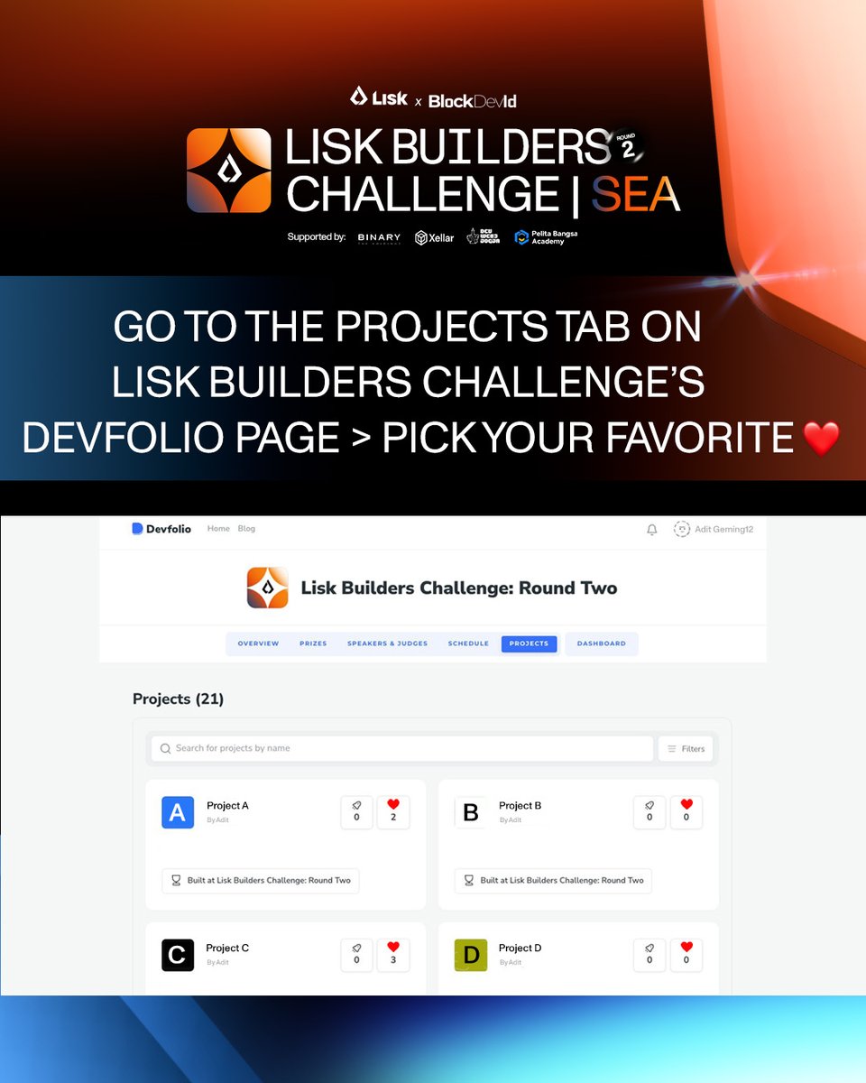 BlockDevId (@blockdev_id) on Twitter photo Vote for your favorite project on Lisk Builders Challenge Round 2 and help them win USDT 200!
Go to the Projects tab, hit the heart ❤️, and that’s it.
Deadline: Aug 17, 6pm (GMT+7)
Link: lisk-builders-challenge-2.devfolio.co/projects
This hackathon is hosted by <a href="/LiskHQ/">Lisk</a> <a href="/blockdev_id/">BlockDevId</a> and supported by Vote for your favorite project on Lisk Builders Challenge Round 2 and help them win USDT 200!
Go to the Projects tab, hit the heart ❤️, and that’s it.
Deadline: Aug 17, 6pm (GMT+7)
Link: lisk-builders-challenge-2.devfolio.co/projects
This hackathon is hosted by <a href="/LiskHQ/">Lisk</a> <a href="/blockdev_id/">BlockDevId</a> and supported by