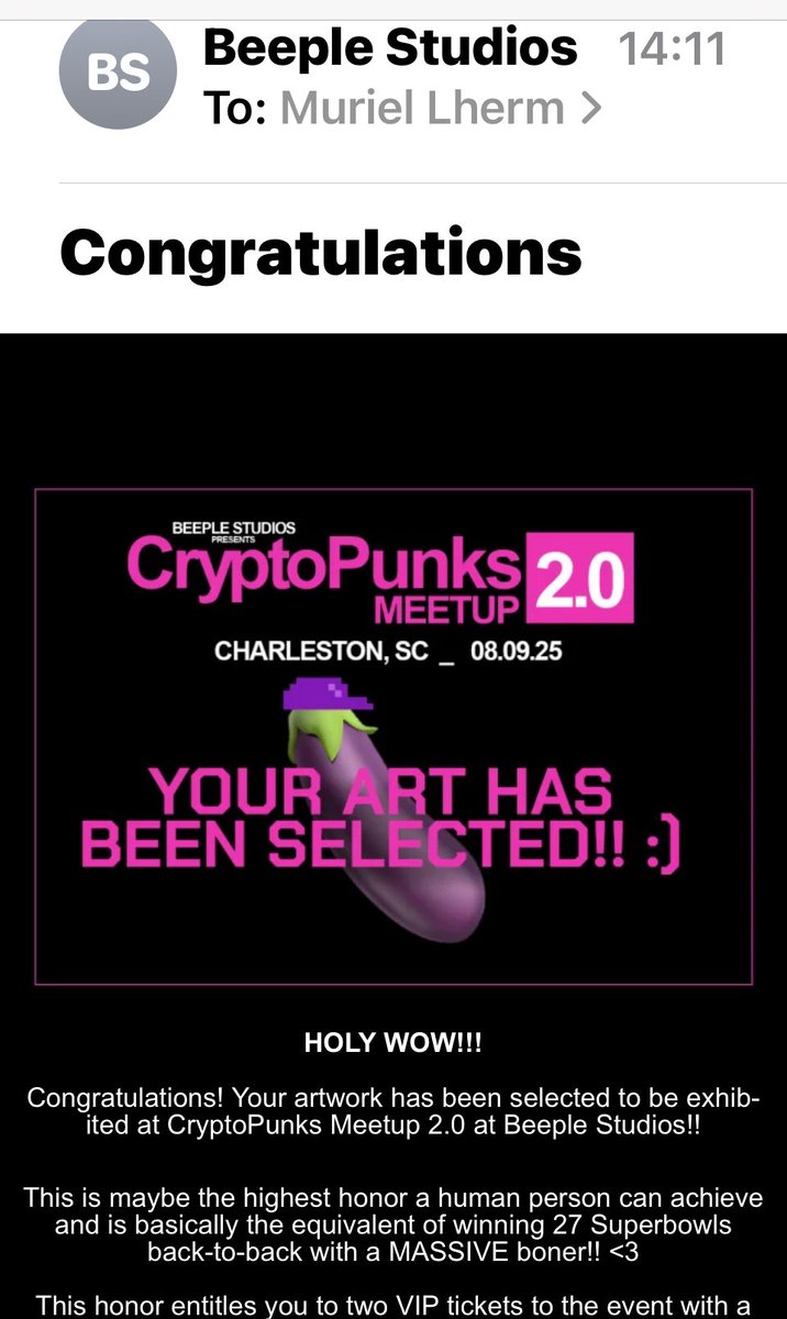 July 2025 Recap ✨

1️⃣ Selected for <a href="/beeple/">beeple</a> – CryptoPunks Meetup 2.0 (July 1)
My artwork was selected for the legendary CryptoPunks Meetup 2.0 at <a href="/beeple/">beeple</a> Studios.
→objkt.com/tokens/KT1KrZg…

2️⃣ Exhibited at the <a href="/worldofwomenxyz/">World of Women</a>  Gala in Lisbon – Duality in Bloom (July 7)
My piece