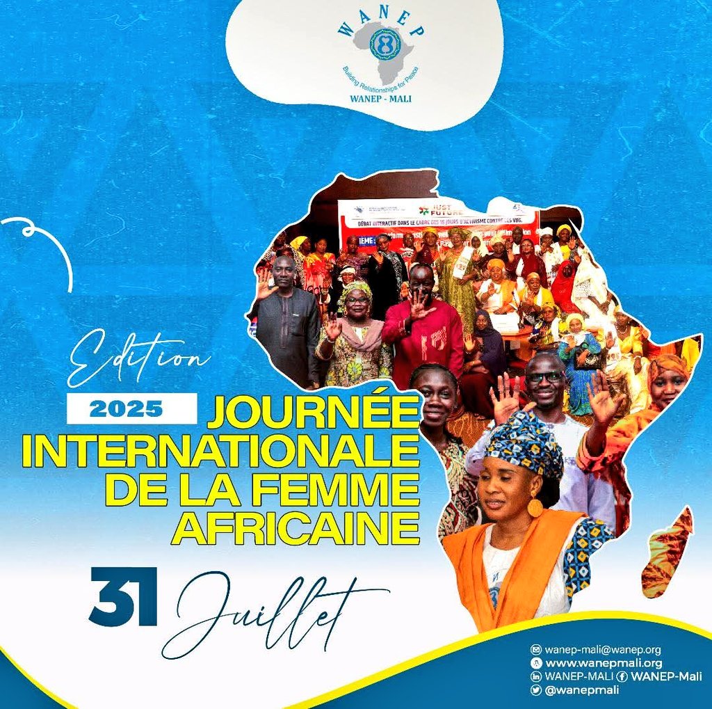📅 31 Juillet – Journée Internationale de la Femme Africaine
<a href="/wanepmali/">WANEP-MALI 🇲🇱</a> célèbre les femmes et filles africaines, piliers de paix, d’inclusion et de résilience au Sahel. 

#JIFA2025 #FemmeAfricaine #WANEP #Paix #Inclusion #JustFuture #31Juillet
<a href="/ONUFemmes/">ONU Femmes</a>
<a href="/WANEP_Regional/">WANEP_Regional</a>