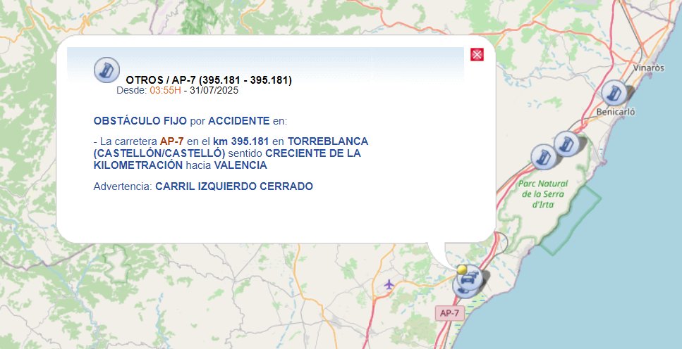 📢🔴Por accidente, se complica en Castellón, la AP-7, en Torreblanca.

➡️Sentido Valencia.
➡️Carril izquierdo cerrado.