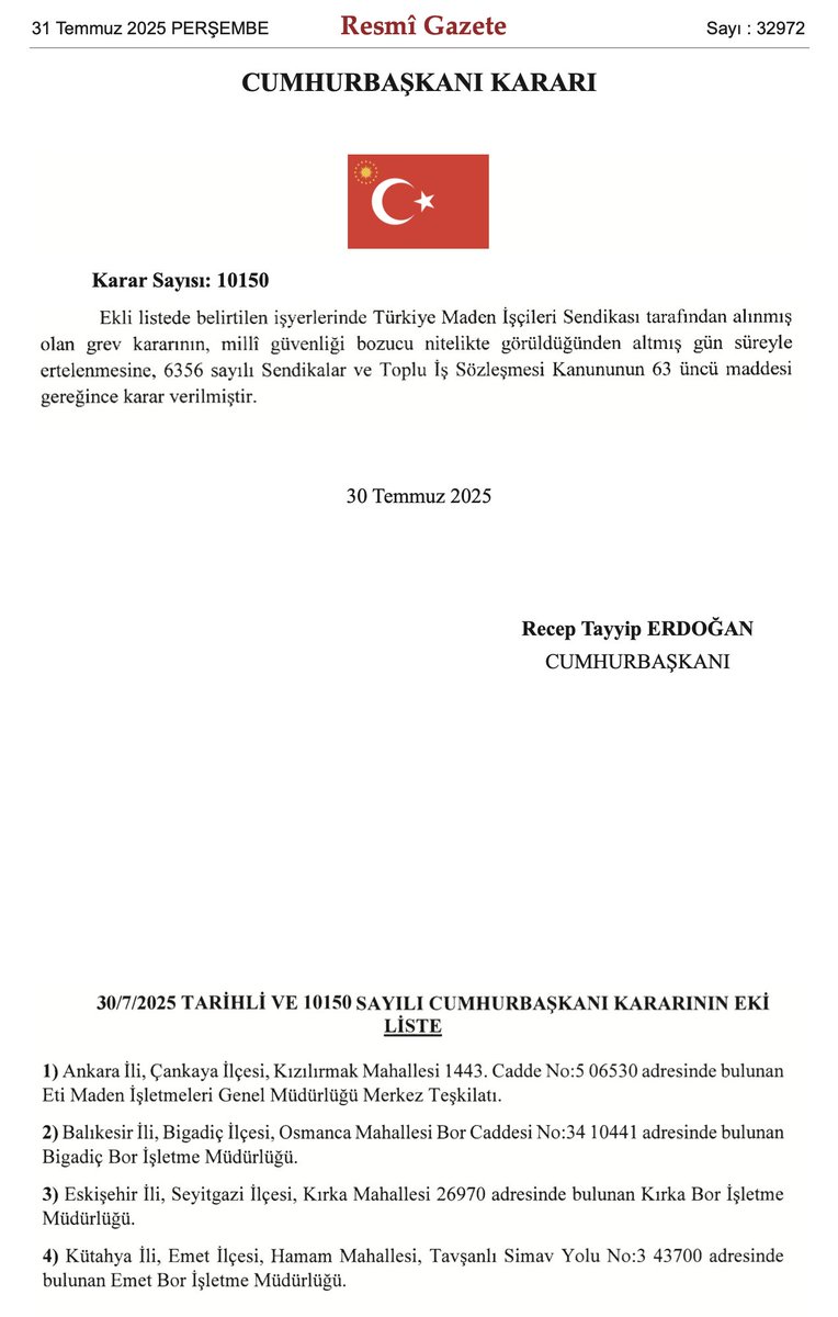 Ve beklenen oldu.

Cumhurbaşkanı kamu işçilerinin grevlerini ertelemeye (yasaklamaya) başladı!

Gerekçe "milli güvenlik"!

Maden işçilerinin henüz başlamayan grevi memleketin milli güvenliğini bozmuşmuş!

Bu bir "erteleme" değil yasaklama!

60 gün sonra grev başlamayacak!

Bu