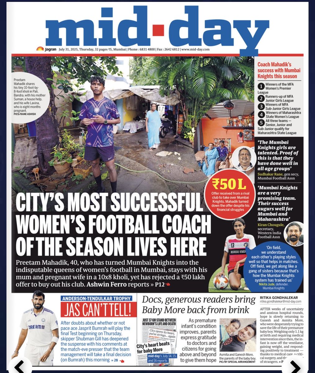 AshishRane2's tweet image. Today #midday page one #sports #football #bandraboy #ilovebandra #womenfootball #ashwinferror #ronnie