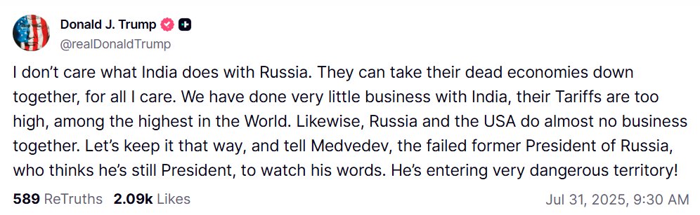 I don’t care what India does with Russia. They can take their dead economies down together, for all I care. We have done very little business with India, their Tariffs are too high, among the highest in the World. Likewise, Russia and the USA do almost no business together. Let's