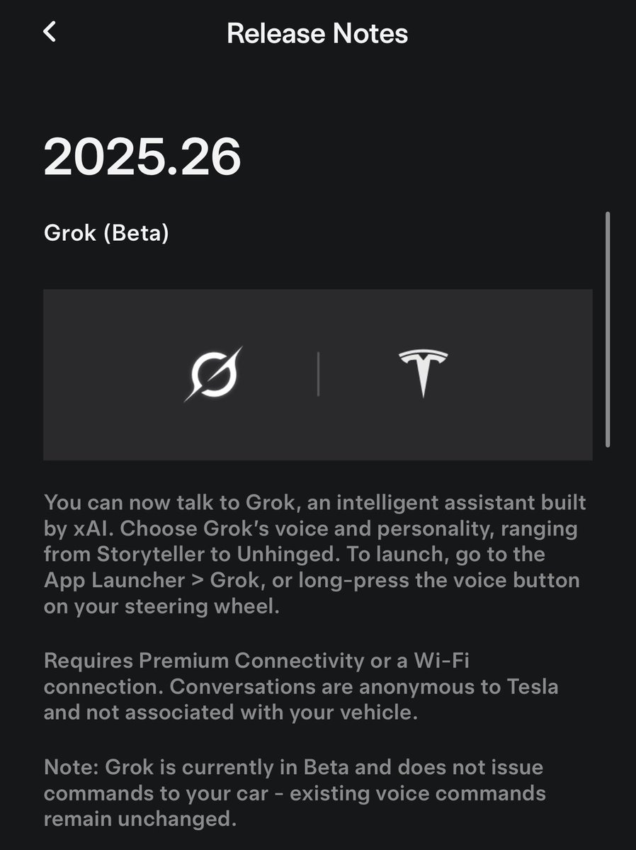 이번 테슬라 SW 업데이트에 그록이가 왔음

Premium connectivity를 요구하는거 보니 온라인으로 연결하는 형식인 듯

아직은 베타라 그록이로 차에 명령을 내릴 순 없고 기존 음성 명령은 그대로 작동한다는거 보니 곧 그록이로 차량 제어도 가능하게 될 듯