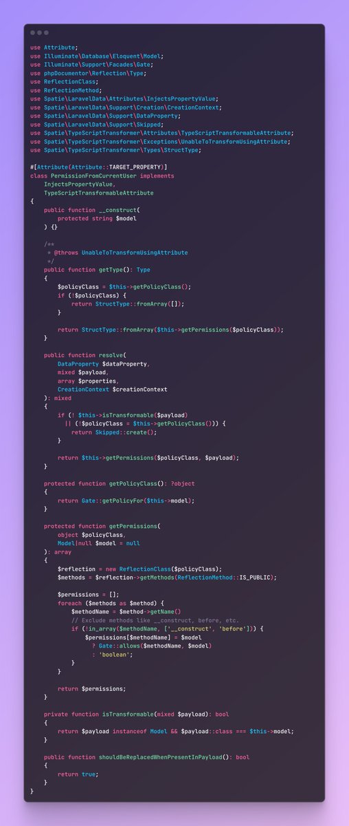In <a href="/laravelphp/">Laravel</a> I needed my DTO objects to dynamically include all policy methods and the result for each model for the current user as well as a type in TypeScript.  I am using <a href="/spatie_be/">Spatie</a>'s laravel-data and laravel-typescript-transformer. What do you think of this solution?