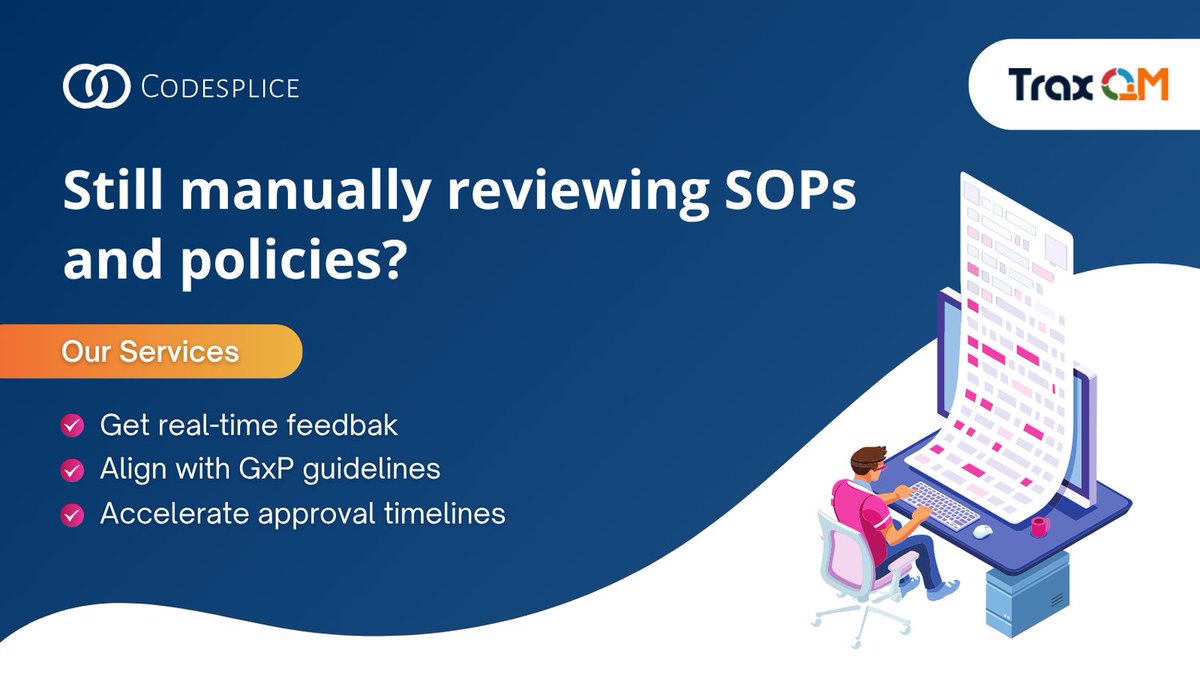 Codesplice Ltd (@codespliceltd) on Twitter photo Still manually reviewing SOPs and policies?
Let TraxQM's AI reviewer do the heavy lifting.
βοΈ Get real-time feedback
βοΈ Align with GxP guidelines
βοΈ Accelerate approval timelines
Try it today.
traxqm.com Still manually reviewing SOPs and policies?
Let TraxQM's AI reviewer do the heavy lifting.
βοΈ Get real-time feedback
βοΈ Align with GxP guidelines
βοΈ Accelerate approval timelines
Try it today.
traxqm.com