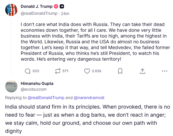 ecobuzzsm's tweet photo. Trump Imposes 25% Tariffs on India

#India should stand firm in its principles. When provoked, there is no need to fear — just as "when a dog barks, we don’t react in anger; we stay calm, hold our ground, and choose our own path with dignity" 
@narendramodi @FinMinIndia https://t.co/xQ952YsCk0