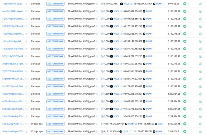 Screenshot of token swap transactions for $PUMP