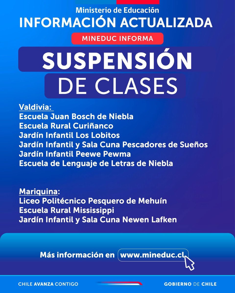 🔵Reiteramos | Seremi de Educación de Los Ríos informa los establecimiento que suspenderán las clases este jueves 31 de julio por encontrarse en zonas inundables del borde costero de Valdivia, Corral y Mariquina 

#LosRios #ValdiviaCL