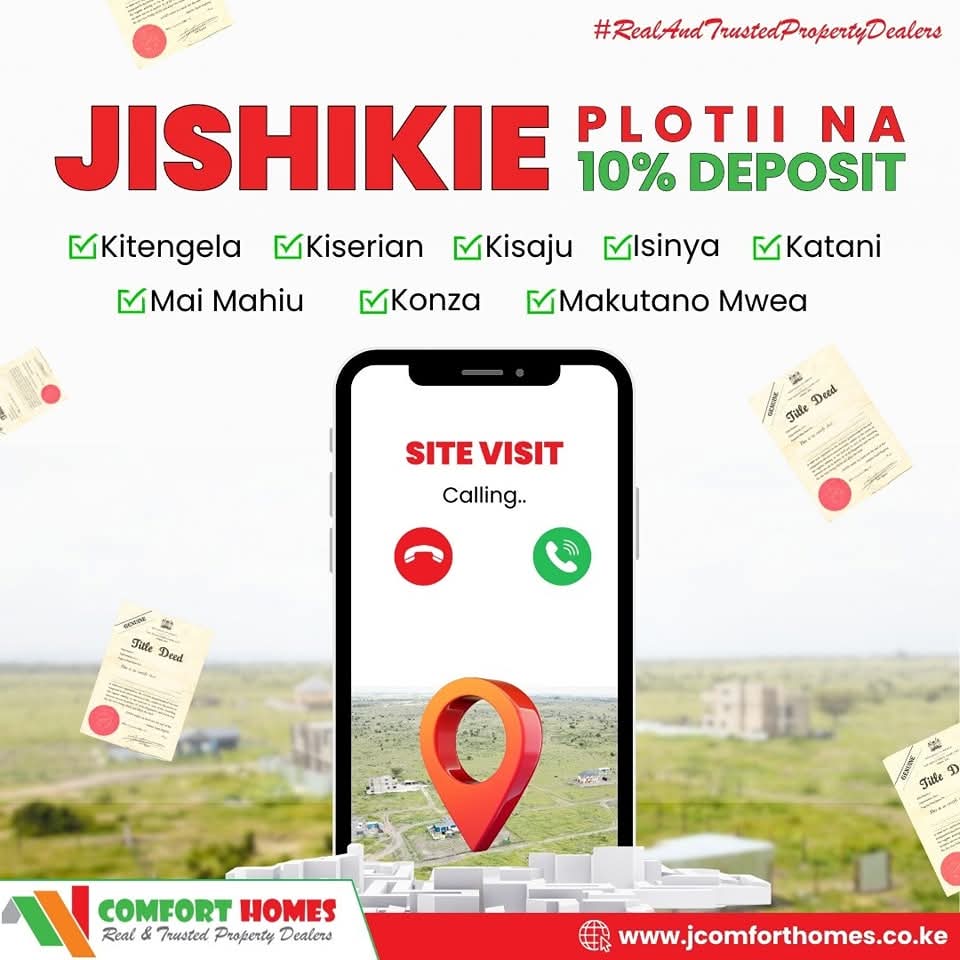 We are the real and trusted property dealer on Kenya.

Jishikie ploti with only a 10% deposit within Nairobi Metropolis. Join us on our daily site visits from 10 AM.

Call us on 0791789833 to confirm site visit.
#ComfortHomes
#Plotsforsale
#landinvestment
