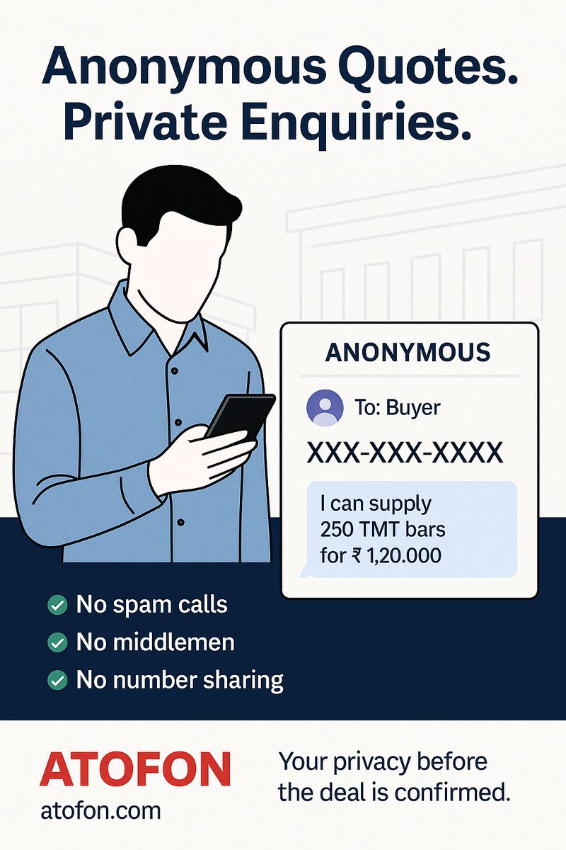 Baskar_005's tweet photo. Why reveal your number before you even get an order?
On ATOFON, sellers quote anonymously.
โ
No spam calls
โ
No bargaining middlemen
โ
Only verified buyer enquiries
Your business. Your terms. Your privacy.
๐ https://t.co/7uXPSeKPc1
#ATOFON #AnonymousQuoting #SellerPrivacy #NoSpam #B2BMarketplace #ReverseBidding #ConstructionSupplies #DigitalIndia #ProtectYourBusiness #SMEIndia #InfraMarket