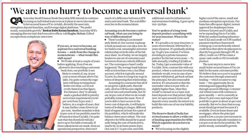 "We are in no hurry to become a universal bank." – Baskar Babu Ramachandran, Suryoday SFB’s MD &amp; CEO, in a recent interview with Business Standard

#baskarbabu #mdceo #mdsays #ceo #article #pressrelease #news #growth #expansion #ssfb #8yearsofsmiles #suryodaybank #bankofsmiles