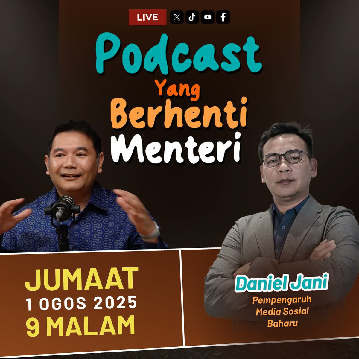 Rafizi Ramli (@rafiziramli) on Twitter photo ๐ฃ๐ข๐๐๐๐ฆ๐ง ๐ฌ๐๐ #๐ณ ๐๐๐ฅ๐ฆ๐๐ ๐ ๐๐๐ก๐๐๐ ๐๐๐ก๐
Episod ke-7 Podcast Yang Berhenti Menteri pada 1 Ogos 2025, Jumaat akan menampilkan Daniel Jani, seorang pempengaruh dari Sarawak yang semakin dikenali kerana keberaniannya mengulas isu-isu politik secara terbuka di ๐ฃ๐ข๐๐๐๐ฆ๐ง ๐ฌ๐๐ #๐ณ ๐๐๐ฅ๐ฆ๐๐ ๐ ๐๐๐ก๐๐๐ ๐๐๐ก๐
Episod ke-7 Podcast Yang Berhenti Menteri pada 1 Ogos 2025, Jumaat akan menampilkan Daniel Jani, seorang pempengaruh dari Sarawak yang semakin dikenali kerana keberaniannya mengulas isu-isu politik secara terbuka di