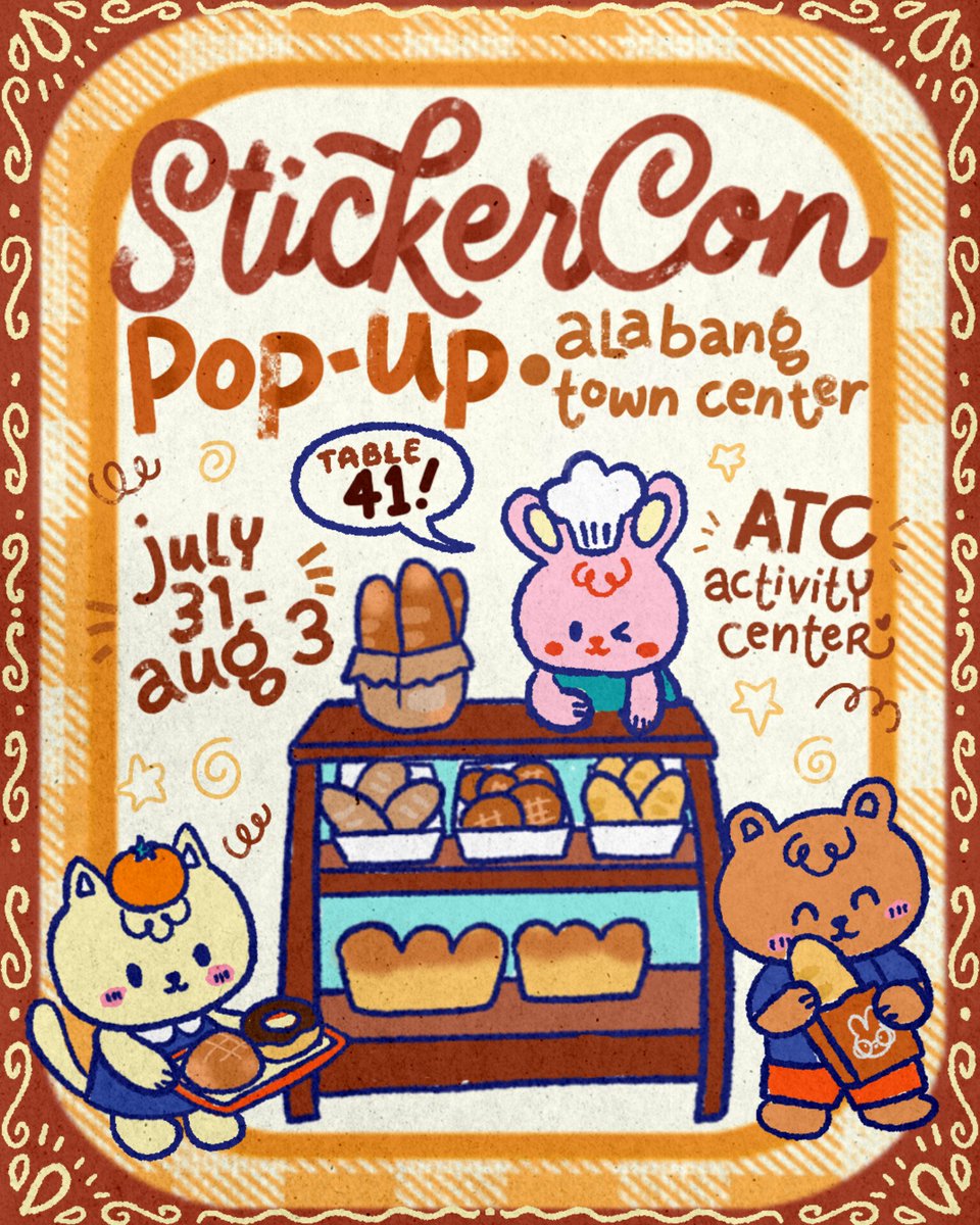 You donut want to miss this so let's get this bread! 🍩🍞🥖💪🥐🥯🥞 4 days of fun by supporting art by your local artists--see you at @stickerconmnl ! ✨

I'll be at TABLE 41, July 31 to August 3 at ATC's Activity Center! Who's going? 🙋‍♀️🙋‍♂️
[Floor map in the reply section ↘️]