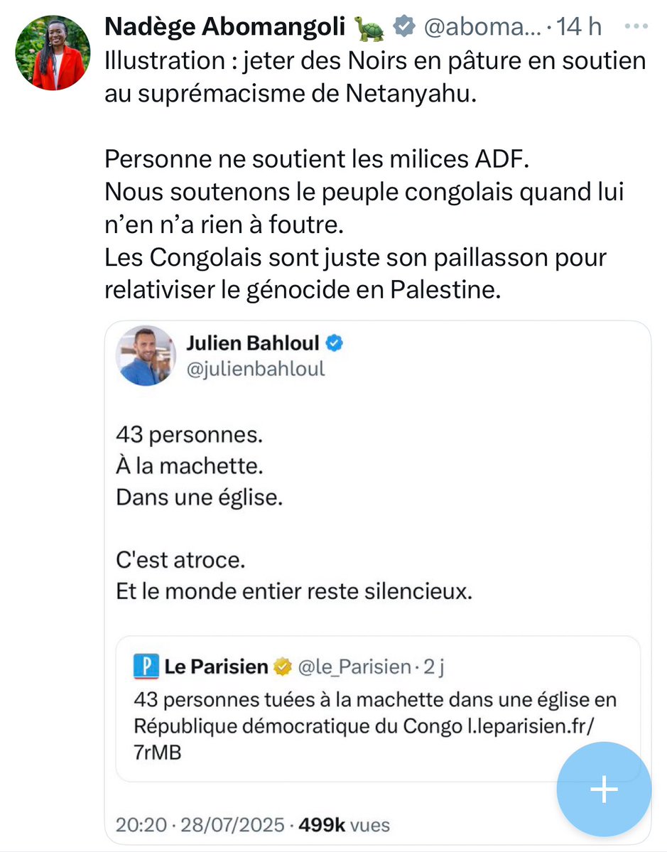 On parle Congo, elle répond Netanyahu. 

On parle chrétiens, elle répond Palestine. 

🙄

Quand c'est pourri, c'est LFI.