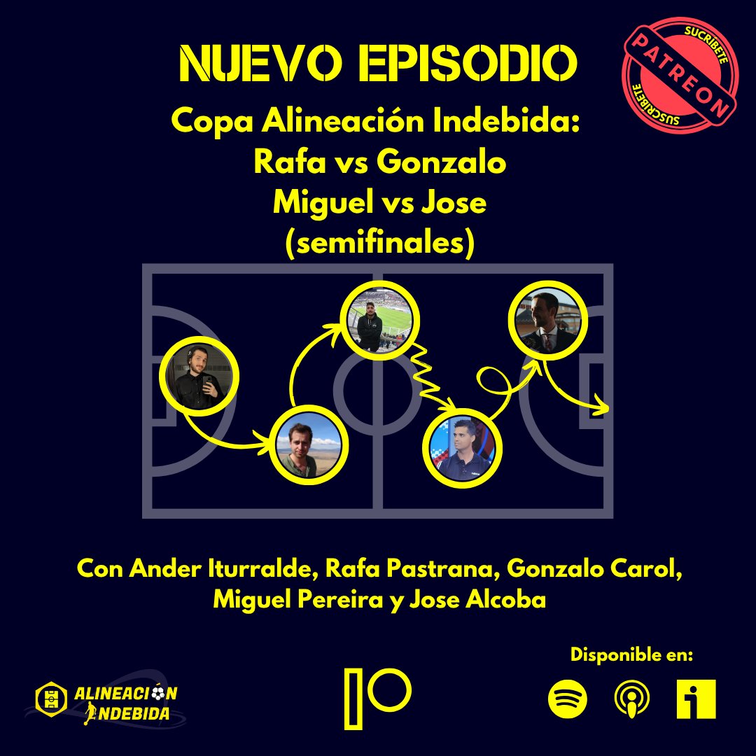 Ander Iturralde (@andershoffman) on Twitter photo ❓nuevo ep. de alineación indebida❓
La Copa Indebida vuelve por fin con las tan ansiadas semifinales. Agónicos, dramáticos, increíbles duelos de conocimiento. Y dos ganadores.
<a href="/RafaPastrana7/">Rafa Pastrana</a> - <a href="/gonzalocarol29/">Gonzalo Carol</a>
<a href="/Miguel_LPereira/">Miguel L. Pereira</a> - <a href="/JMAlcobendas/">Alcobendas</a>
Escúchalo: open.spotify.com/episode/5N0xT7… ❓nuevo ep. de alineación indebida❓
La Copa Indebida vuelve por fin con las tan ansiadas semifinales. Agónicos, dramáticos, increíbles duelos de conocimiento. Y dos ganadores.
<a href="/RafaPastrana7/">Rafa Pastrana</a> - <a href="/gonzalocarol29/">Gonzalo Carol</a>
<a href="/Miguel_LPereira/">Miguel L. Pereira</a> - <a href="/JMAlcobendas/">Alcobendas</a>
Escúchalo: open.spotify.com/episode/5N0xT7…